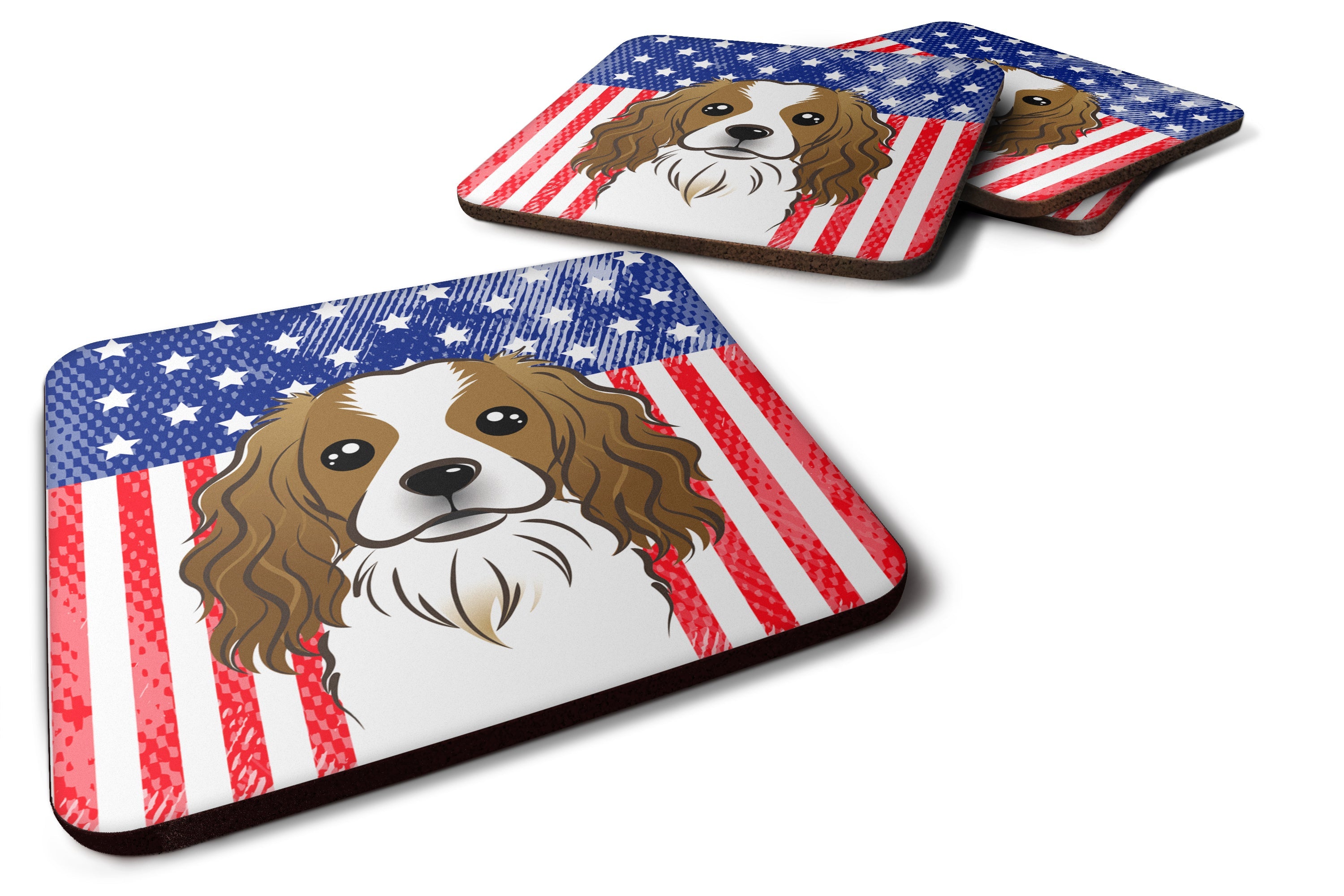 American Flag and Cavalier Spaniel Foam Coasters Set of 4 Cup Coasters for Indoor Outdoor, Tabletop Protection, Anti Slip, Mouse pad Material