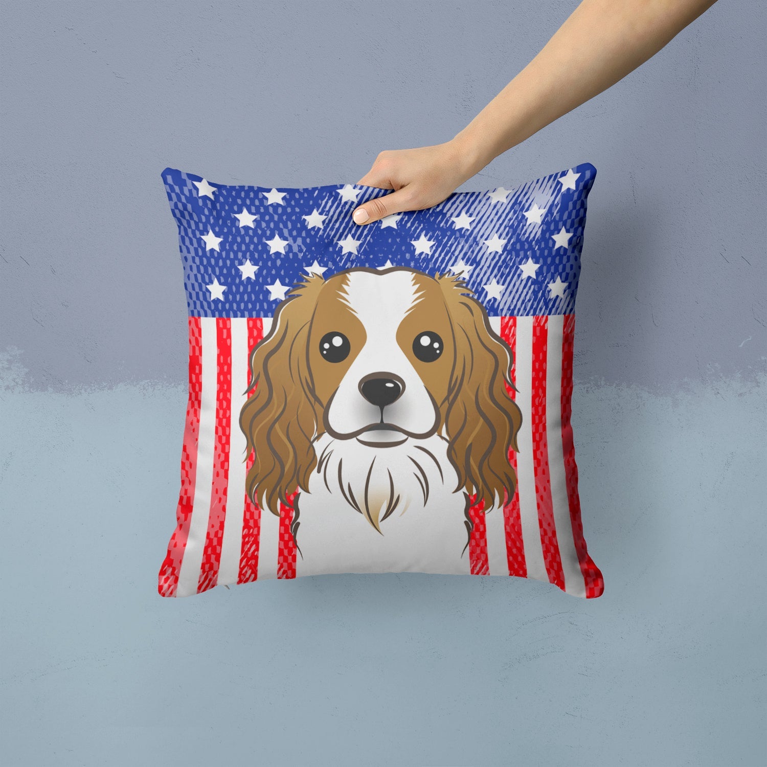 American Flag and Cavalier Spaniel Decorative Throw Pillow 14x14 Indoor Outdoor Accent Cushion, Fabric Cover with Insert for Sofa, Bed, Porch & Living Room