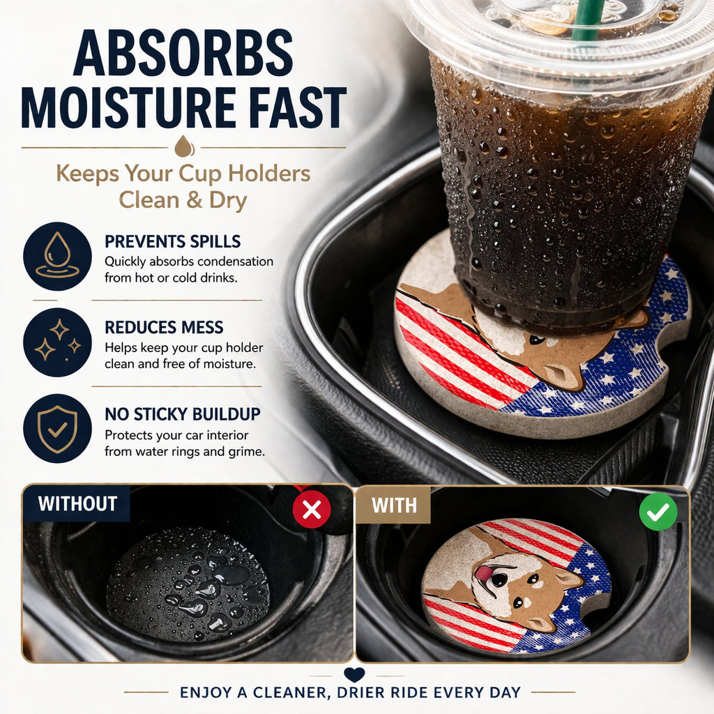 American Flag and Shiba Inu Set of 2 Cup Holder Car Coasters Absorbent Round Sandstone Coasters Gifts for Men or Women, 2.5, Multicolor