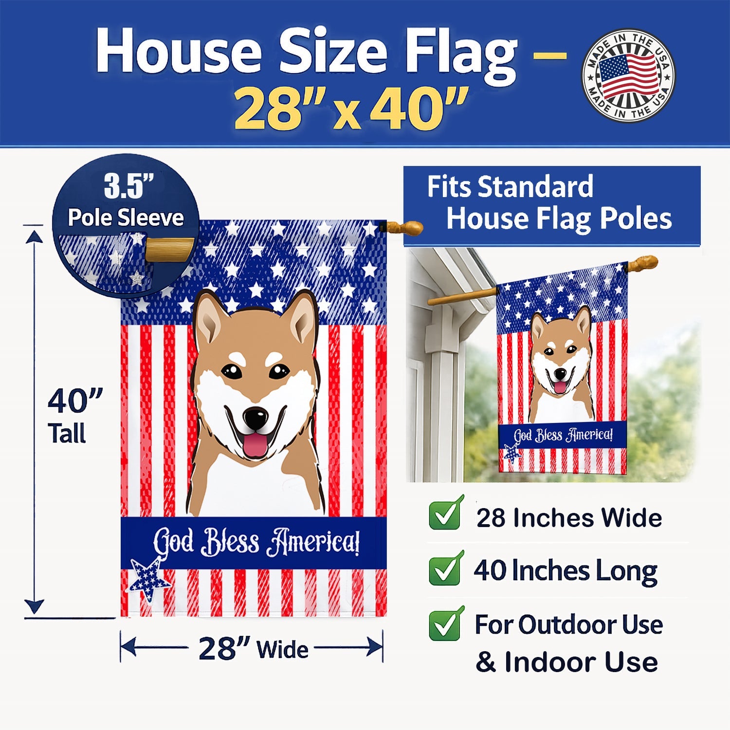 American Flag and Shiba Inu House Flag 28x40 Porch Sleeve Pole Decorative Outside Yard Banner Artwork Wall Hanging, Polyester