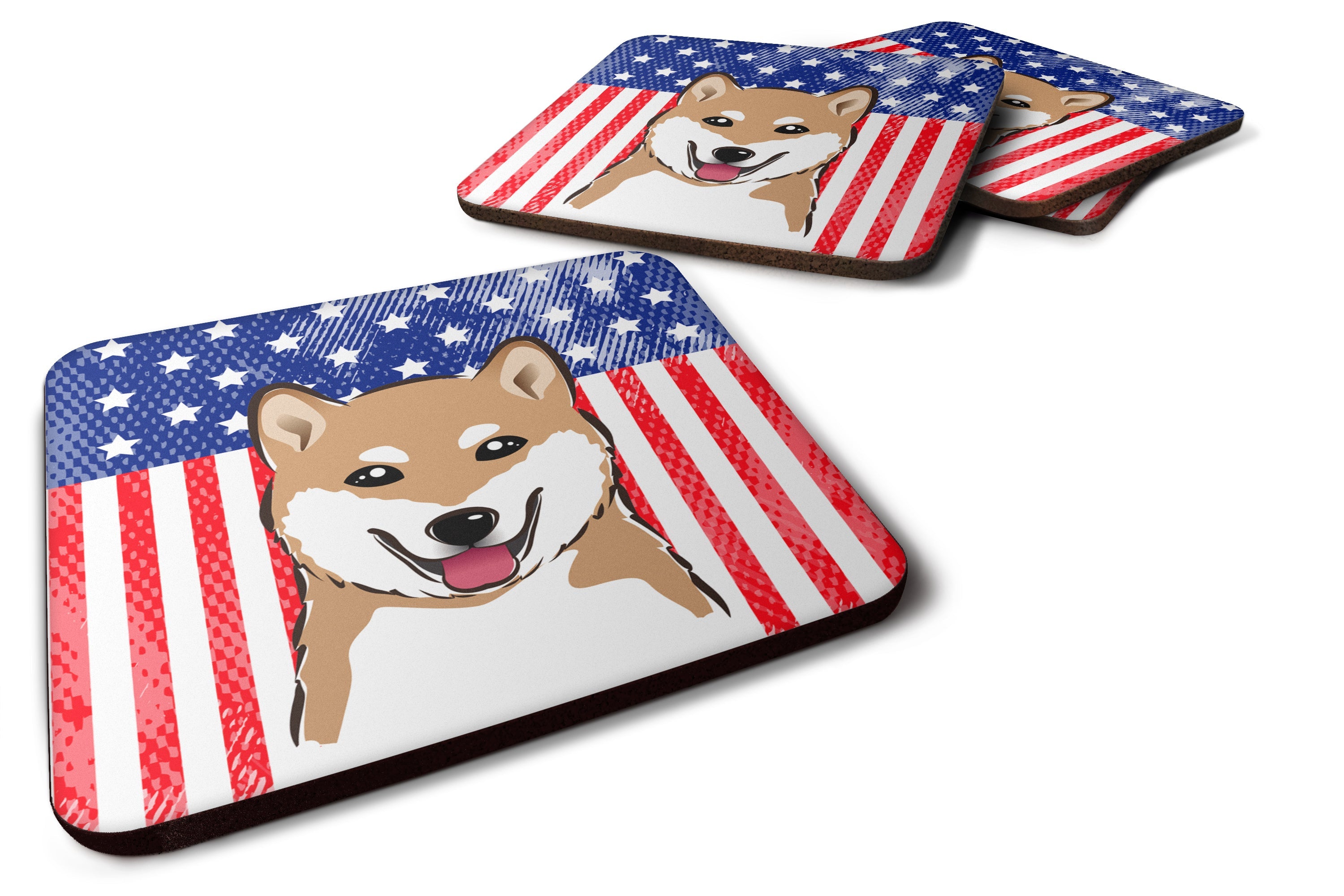 American Flag and Shiba Inu Foam Coasters Set of 4 Cup Coasters for Indoor Outdoor, Tabletop Protection, Anti Slip, Mouse pad Material