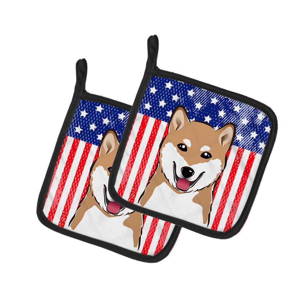 American Flag and Shiba Inu Pot Holder Set of 2 Heat Resistant Quilted Hot Pads 7.5 x 7.5 Inch, Insulated Kitchen Trivets for Cooking & Baking