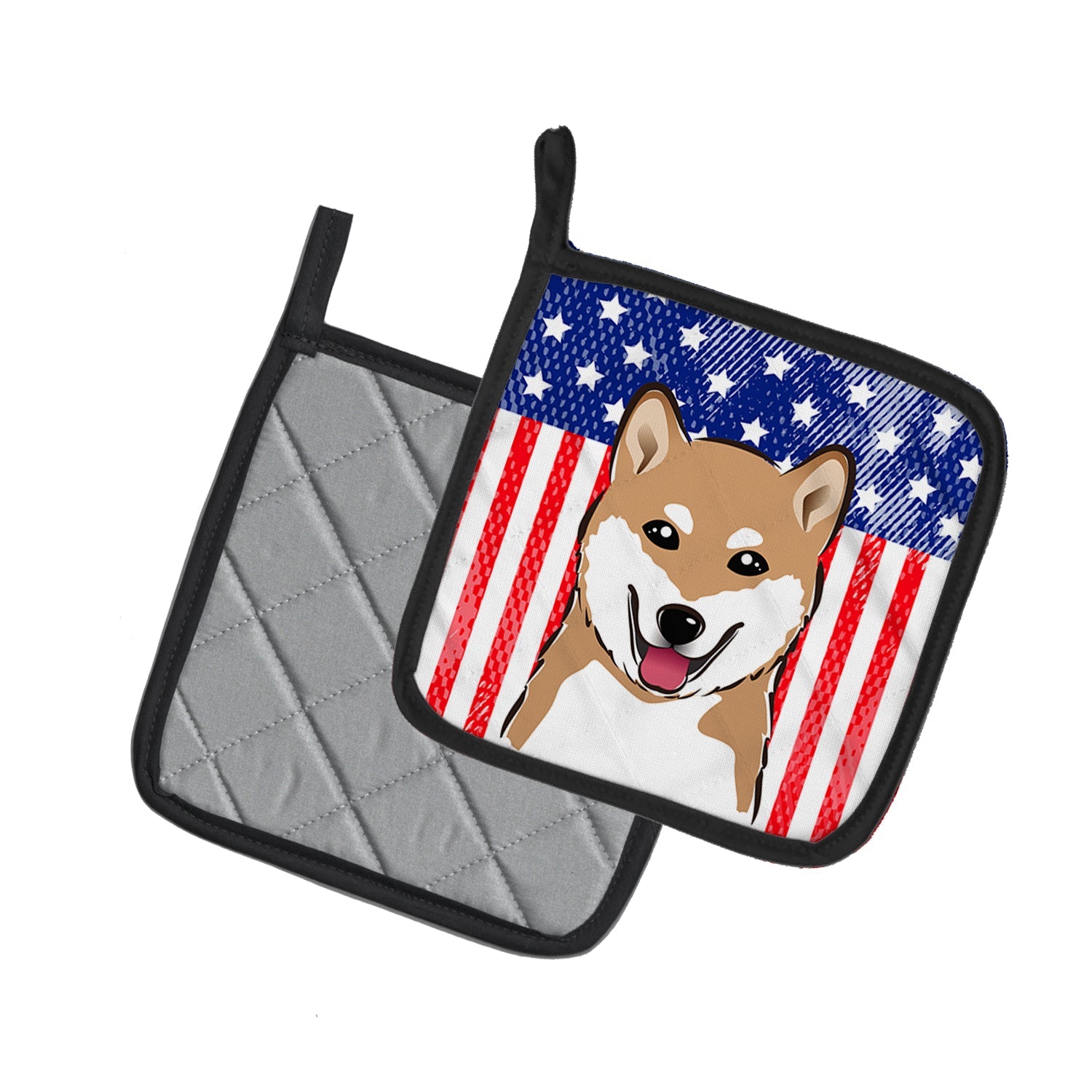 American Flag and Shiba Inu Pot Holder Set of 2 Heat Resistant Quilted Hot Pads 7.5 x 7.5 Inch, Insulated Kitchen Trivets for Cooking & Baking