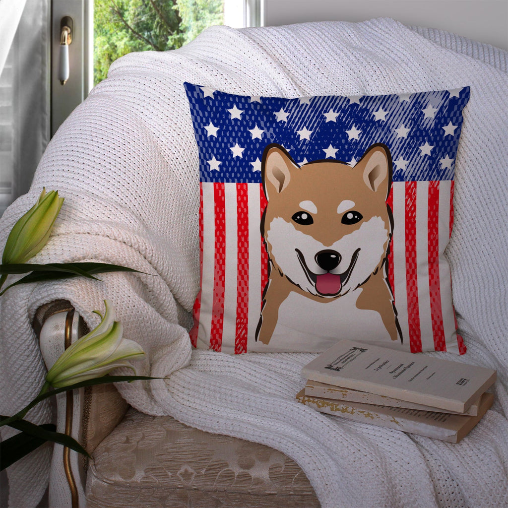 American Flag and Shiba Inu Decorative Throw Pillow 14x14 Indoor Outdoor Accent Cushion, Fabric Cover with Insert for Sofa, Bed, Porch & Living Room