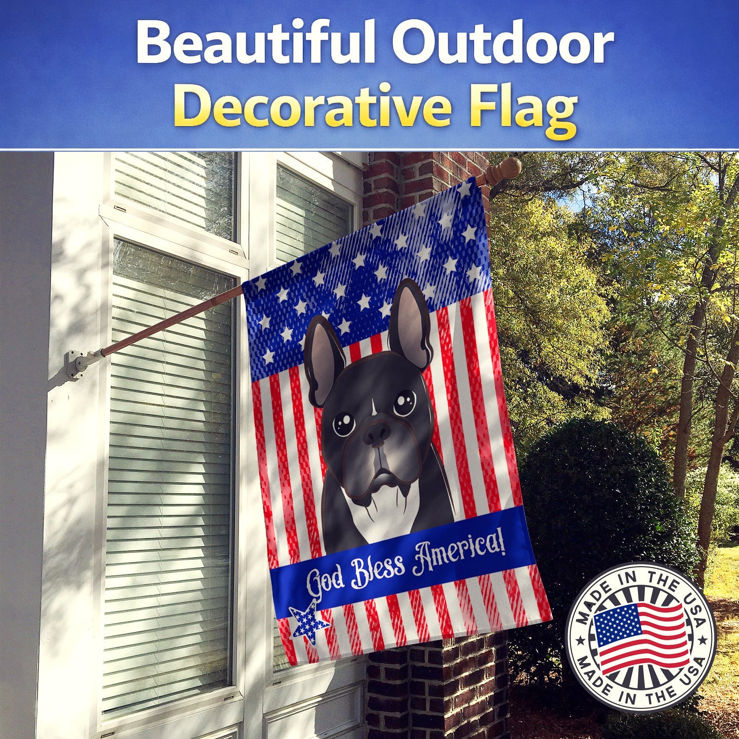 American Flag and French Bulldog House Flag 28x40 Porch Sleeve Pole Decorative Outside Yard Banner Artwork Wall Hanging, Polyester