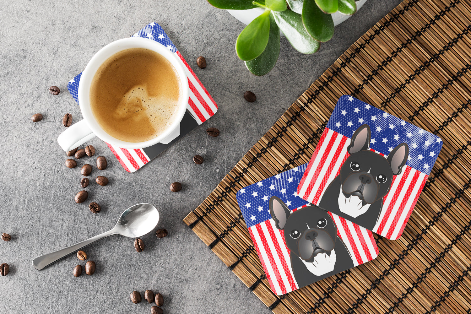 American Flag and French Bulldog Foam Coasters Set of 4 Cup Coasters for Indoor Outdoor, Tabletop Protection, Anti Slip, Mouse pad Material