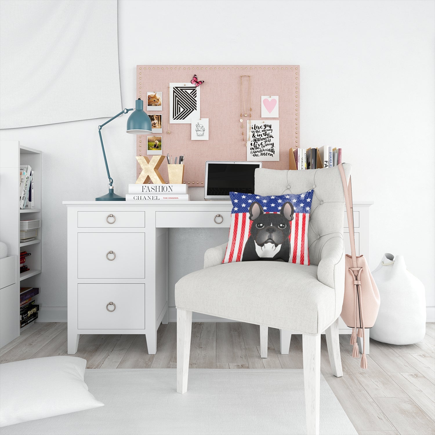 American Flag and French Bulldog Decorative Throw Pillow 14x14 Indoor Outdoor Accent Cushion, Fabric Cover with Insert for Sofa, Bed, Porch & Living Room