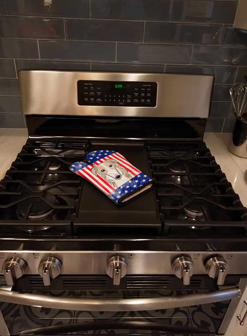 American Flag and Borzoi Oven Mitt Heat Resistant Thick Oven Mitt for Hot Pans and Oven, Kitchen Mitt Protect Hands, Cooking Baking Glove