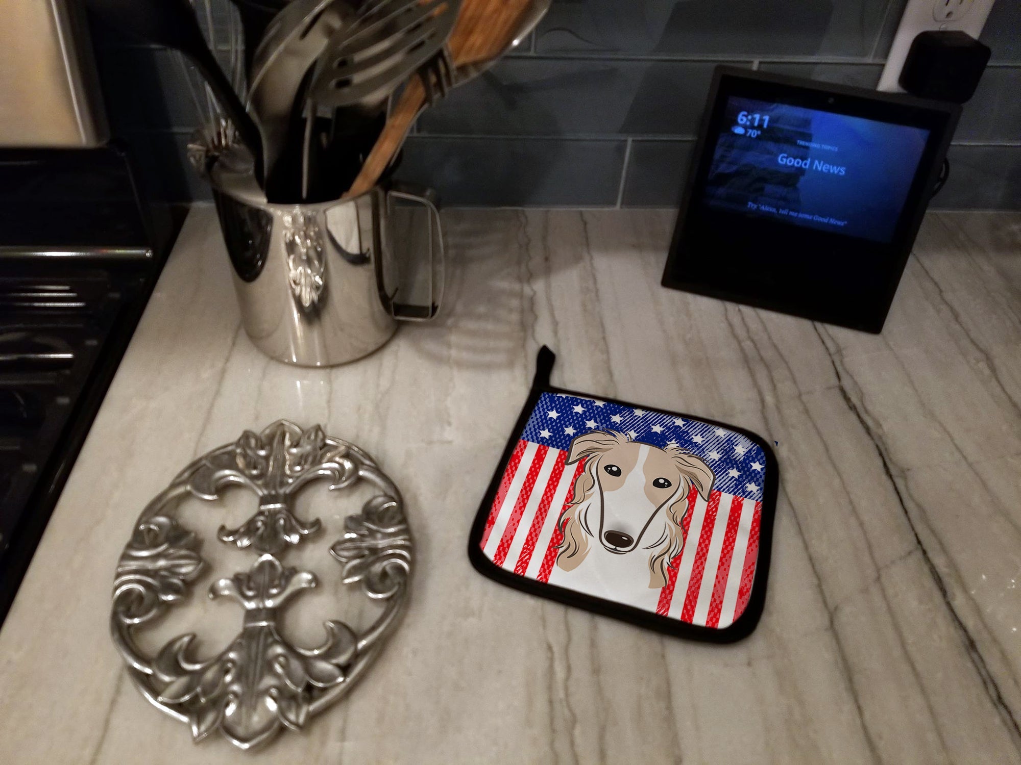 American Flag and Borzoi Pot Holder Set of 2 Heat Resistant Quilted Hot Pads 7.5 x 7.5 Inch, Insulated Kitchen Trivets for Cooking & Baking
