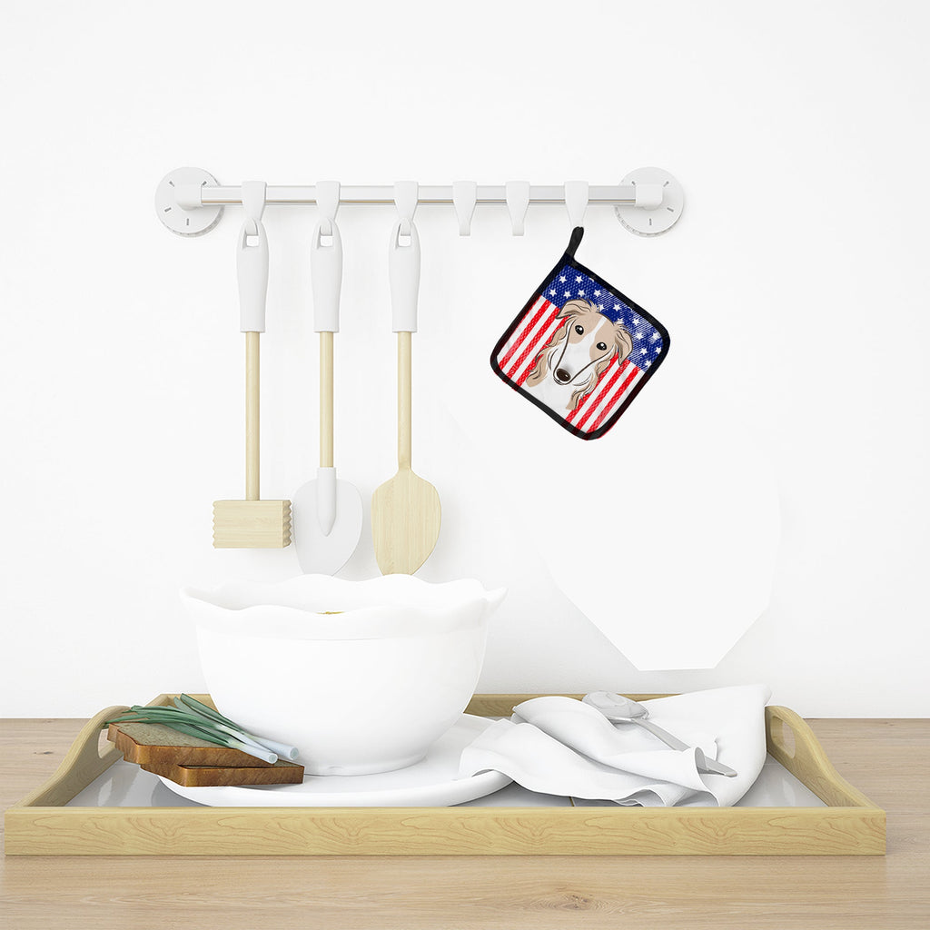 American Flag and Borzoi Pot Holder Set of 2 Heat Resistant Quilted Hot Pads 7.5 x 7.5 Inch, Insulated Kitchen Trivets for Cooking & Baking