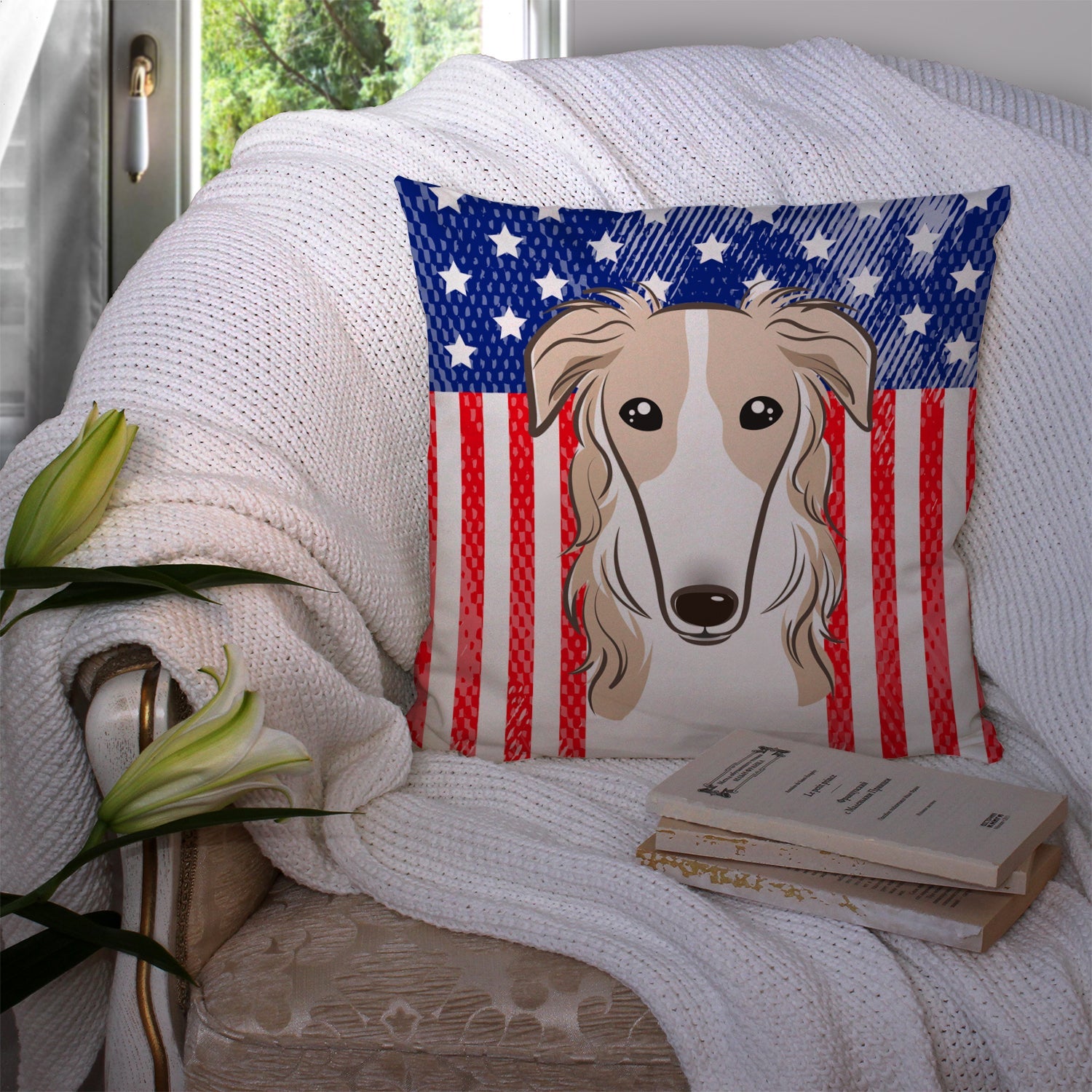 American Flag and Borzoi Decorative Throw Pillow 14x14 Indoor Outdoor Accent Cushion, Fabric Cover with Insert for Sofa, Bed, Porch & Living Room