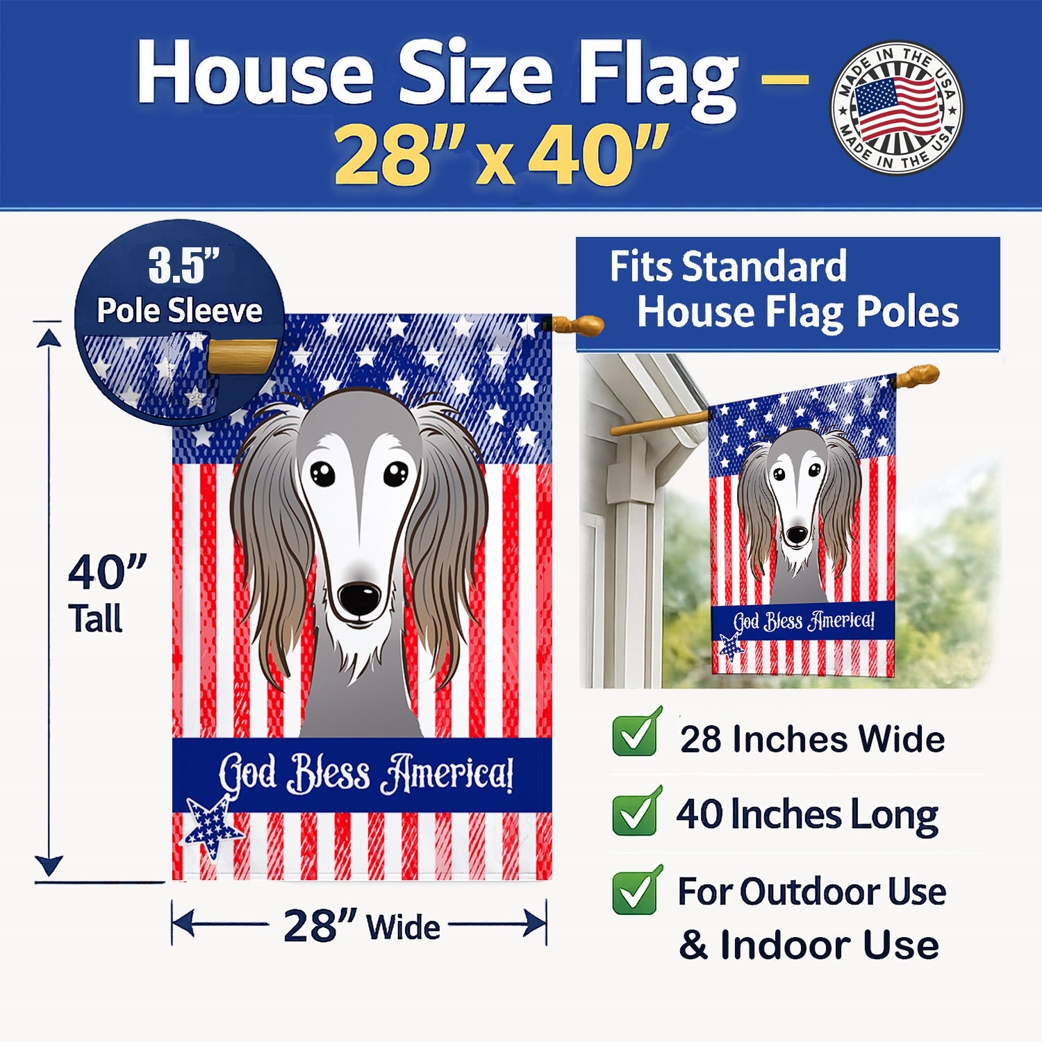 American Flag and Saluki House Flag 28x40 Porch Sleeve Pole Decorative Outside Yard Banner Artwork Wall Hanging, Polyester