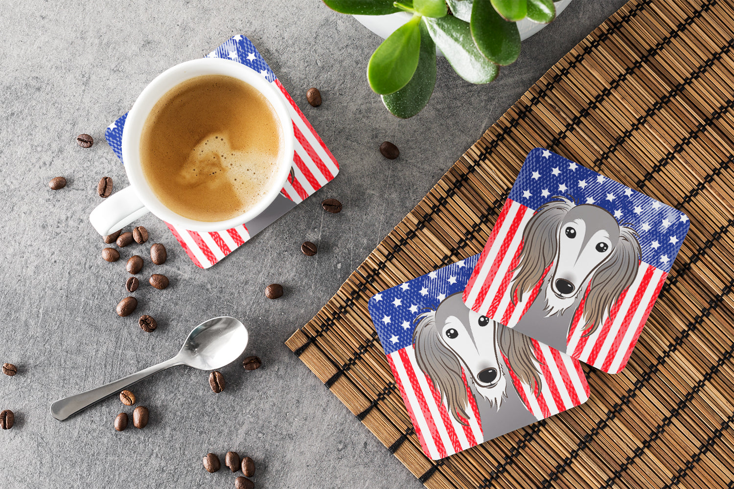 American Flag and Saluki Foam Coasters Set of 4 Cup Coasters for Indoor Outdoor, Tabletop Protection, Anti Slip, Mouse pad Material