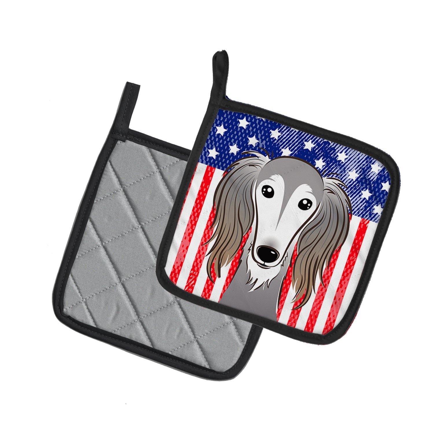 American Flag and Saluki Pot Holder Set of 2 Heat Resistant Quilted Hot Pads 7.5 x 7.5 Inch, Insulated Kitchen Trivets for Cooking & Baking