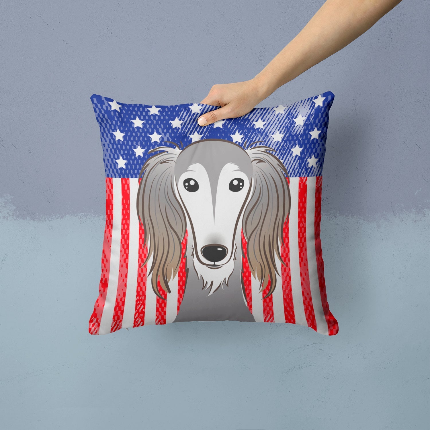 American Flag and Saluki Decorative Throw Pillow 14x14 Indoor Outdoor Accent Cushion, Fabric Cover with Insert for Sofa, Bed, Porch & Living Room