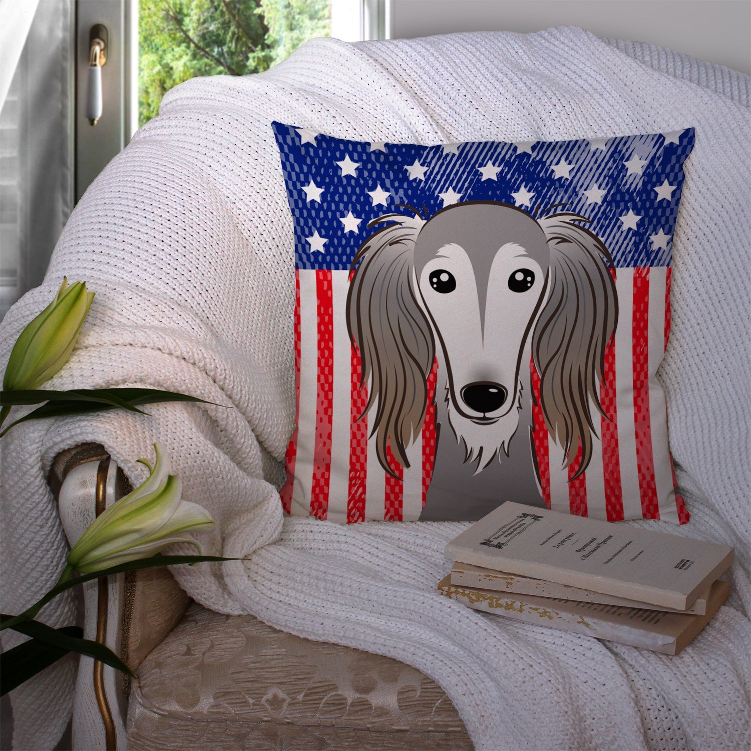 American Flag and Saluki Decorative Throw Pillow 14x14 Indoor Outdoor Accent Cushion, Fabric Cover with Insert for Sofa, Bed, Porch & Living Room