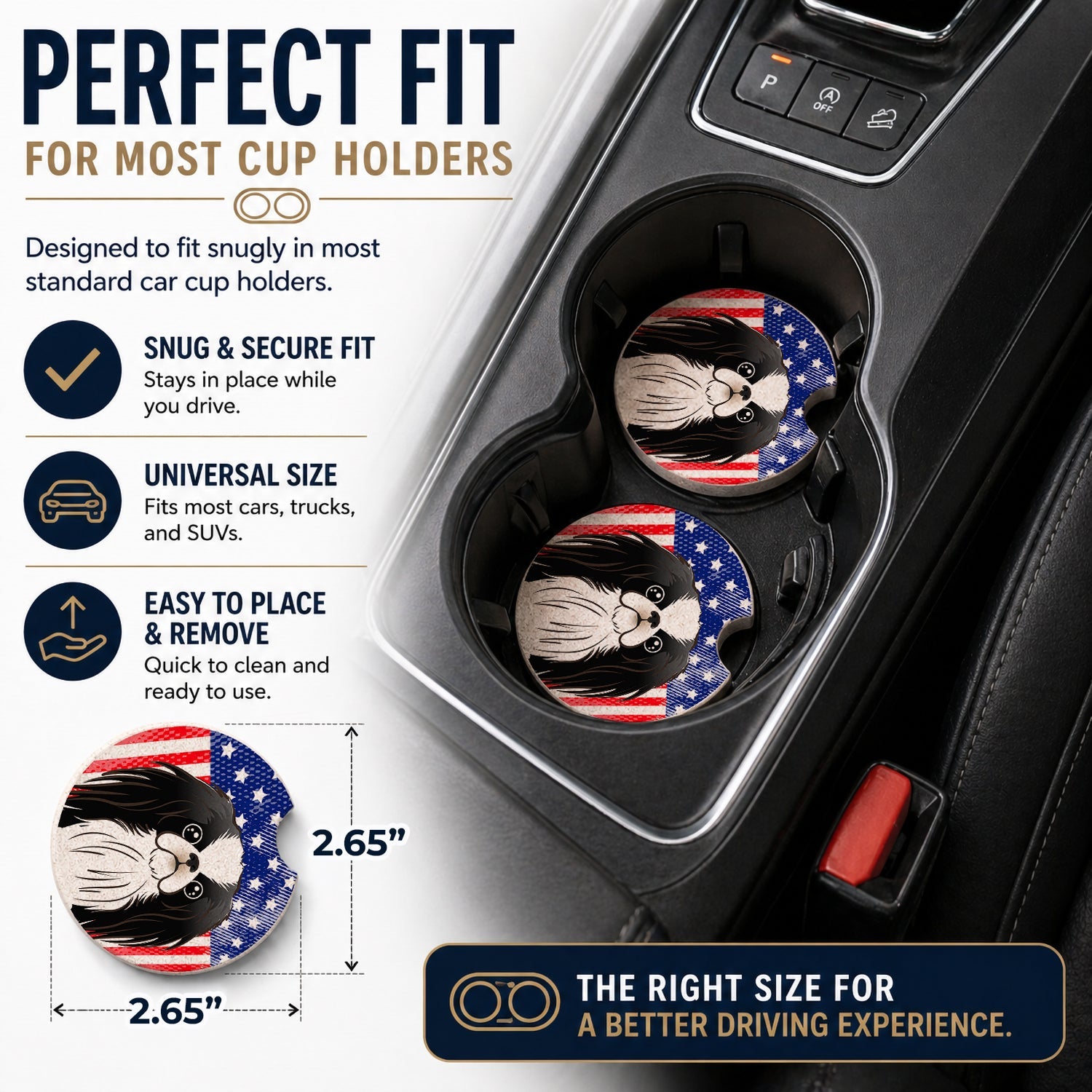 American Flag and Japanese Chin Set of 2 Cup Holder Car Coasters Absorbent Round Sandstone Coasters Gifts for Men or Women, 2.5, Multicolor