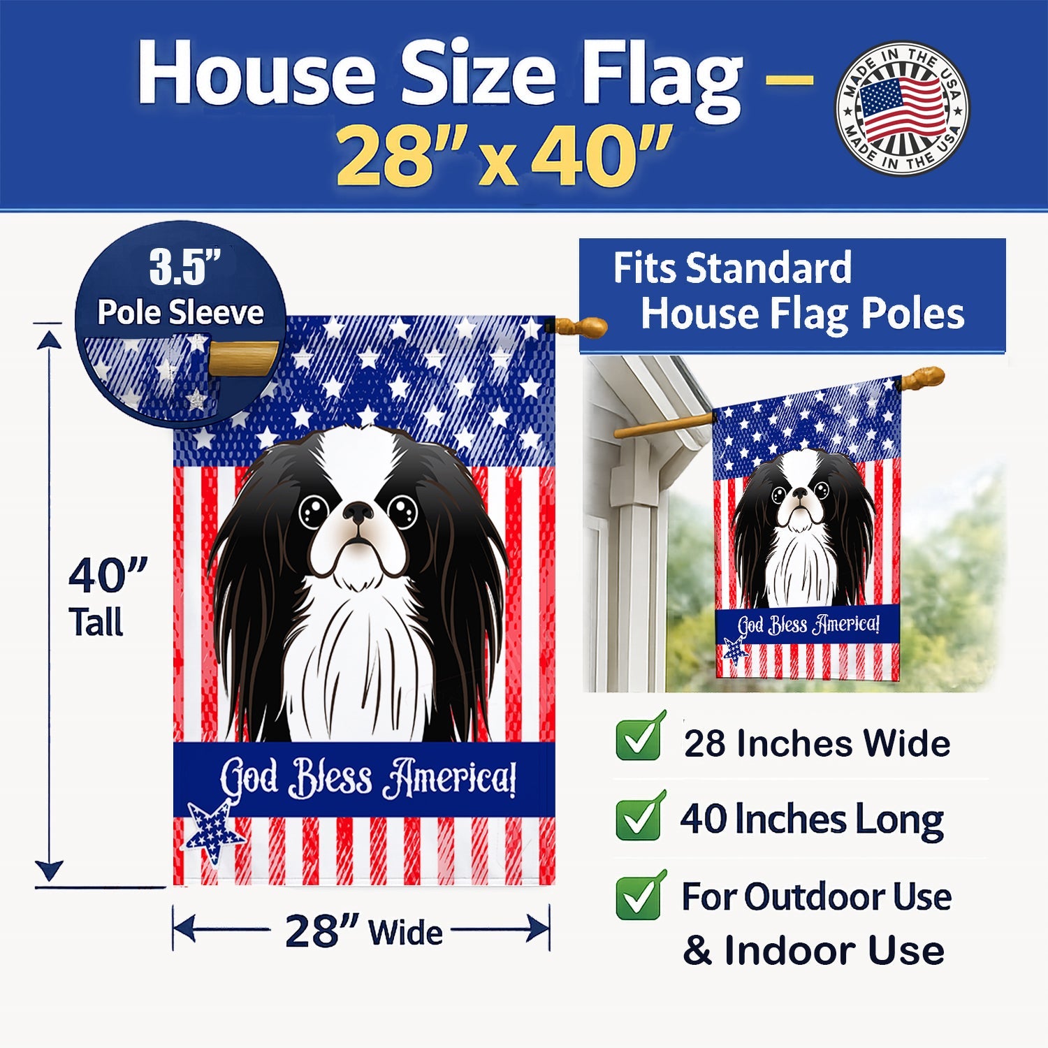 American Flag and Japanese Chin House Flag 28x40 Porch Sleeve Pole Decorative Outside Yard Banner Artwork Wall Hanging, Polyester