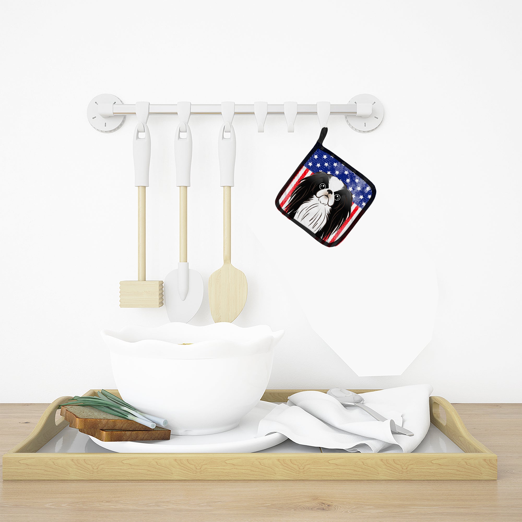 American Flag and Japanese Chin Pot Holder Set of 2 Heat Resistant Quilted Hot Pads 7.5 x 7.5 Inch, Insulated Kitchen Trivets for Cooking & Baking