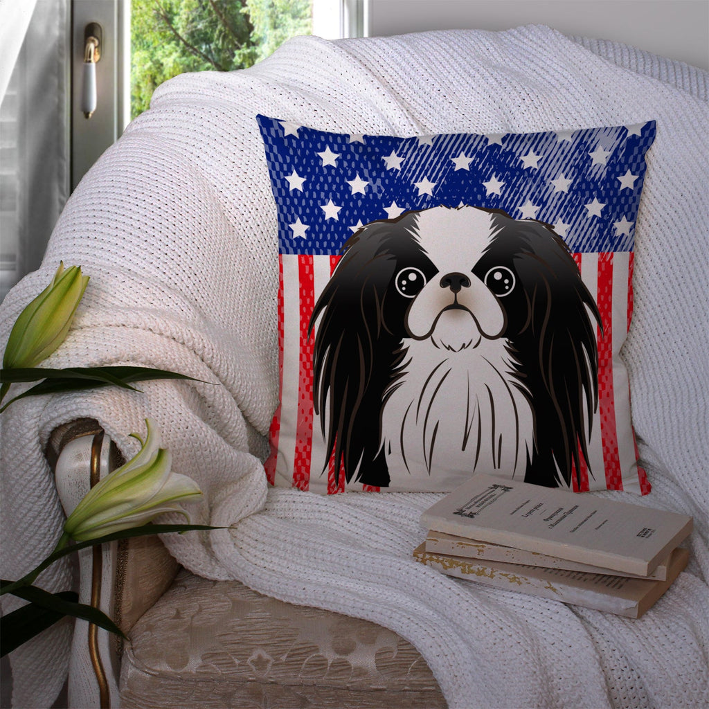 American Flag and Japanese Chin Decorative Throw Pillow 14x14 Indoor Outdoor Accent Cushion, Fabric Cover with Insert for Sofa, Bed, Porch & Living Room