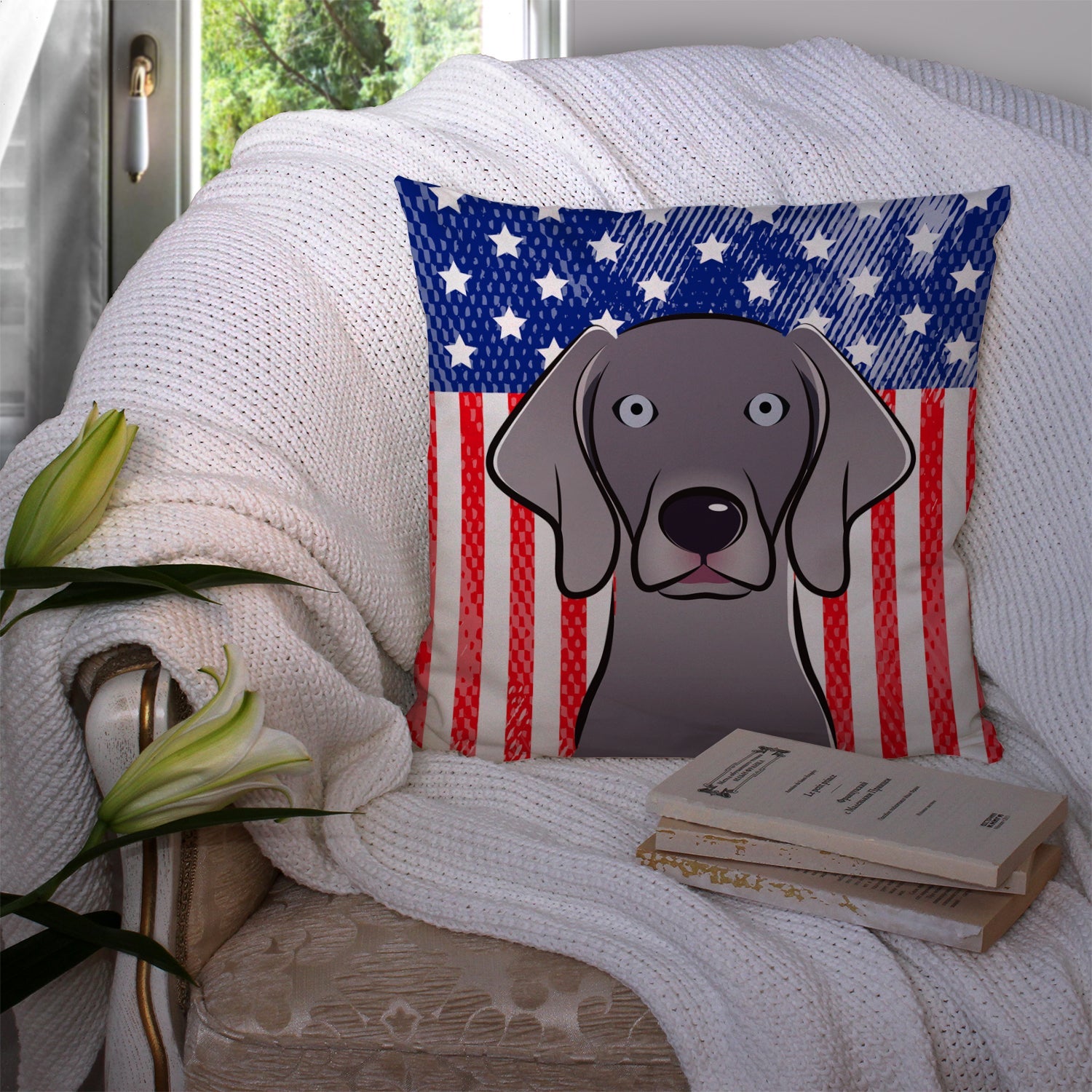 American Flag and Weimaraner Decorative Throw Pillow 14x14 Indoor Outdoor Accent Cushion, Fabric Cover with Insert for Sofa, Bed, Porch & Living Room