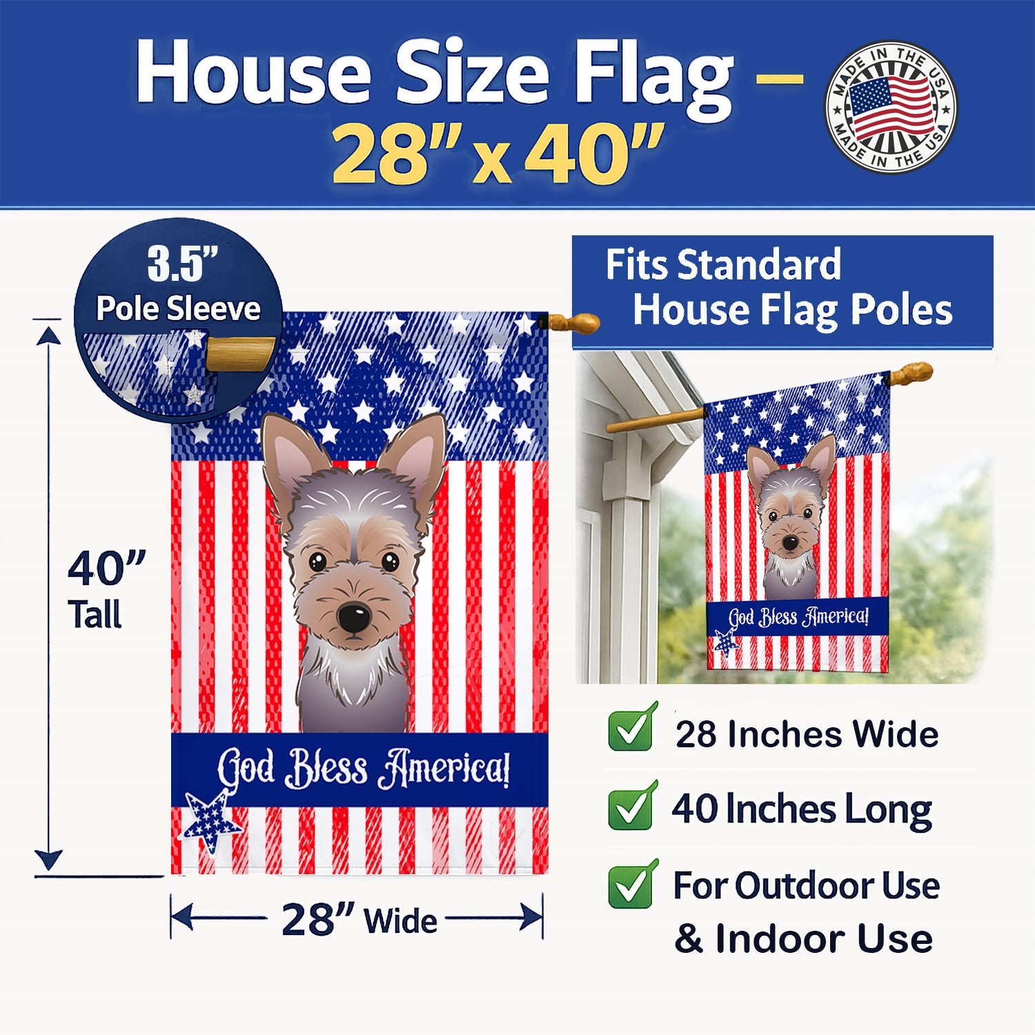 American Flag and Yorkie Puppy House Flag 28x40 Porch Sleeve Pole Decorative Outside Yard Banner Artwork Wall Hanging, Polyester