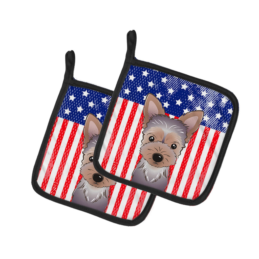 American Flag and Yorkie Puppy Pot Holder Set of 2 Heat Resistant Quilted Hot Pads 7.5 x 7.5 Inch, Insulated Kitchen Trivets for Cooking & Baking