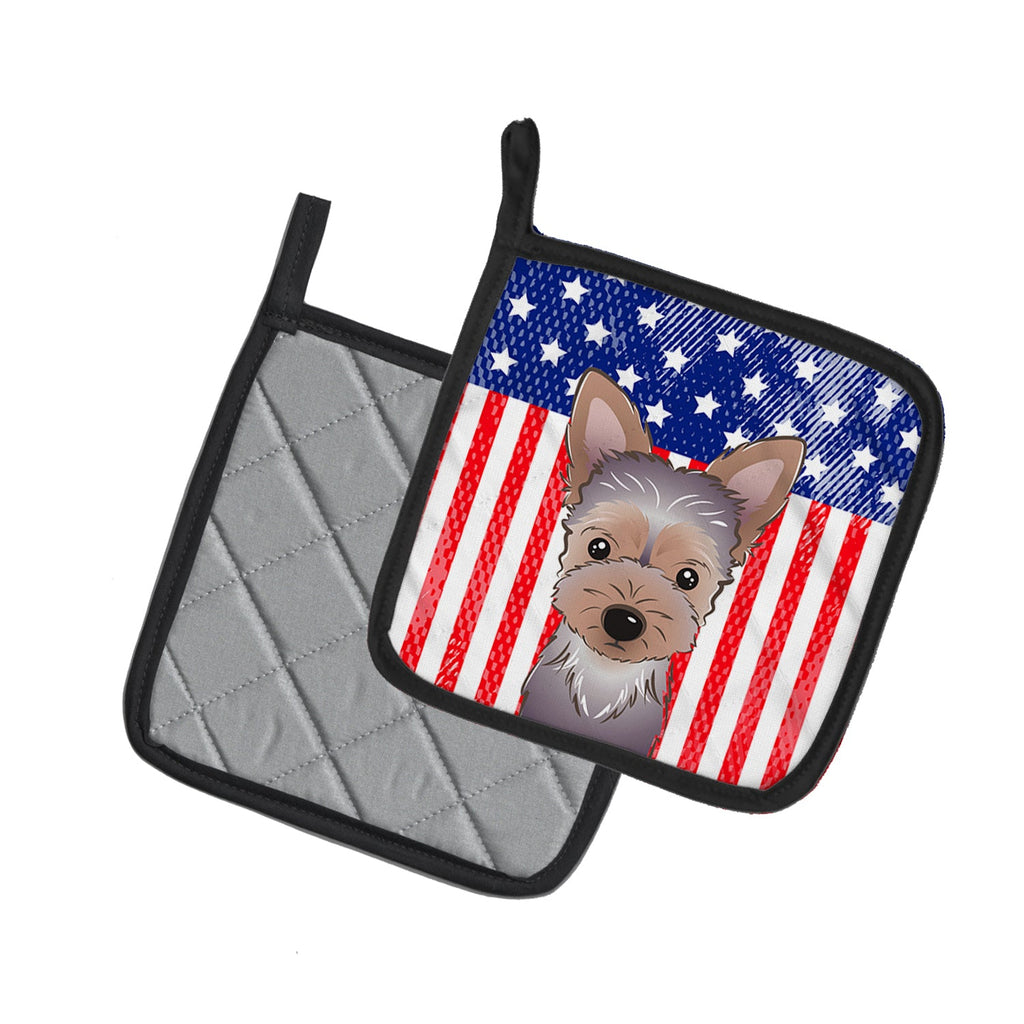 American Flag and Yorkie Puppy Pot Holder Set of 2 Heat Resistant Quilted Hot Pads 7.5 x 7.5 Inch, Insulated Kitchen Trivets for Cooking & Baking