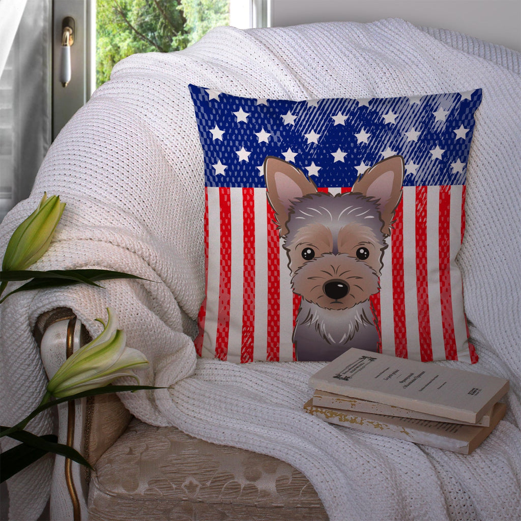 American Flag and Yorkie Puppy Decorative Throw Pillow 14x14 Indoor Outdoor Accent Cushion, Fabric Cover with Insert for Sofa, Bed, Porch & Living Room