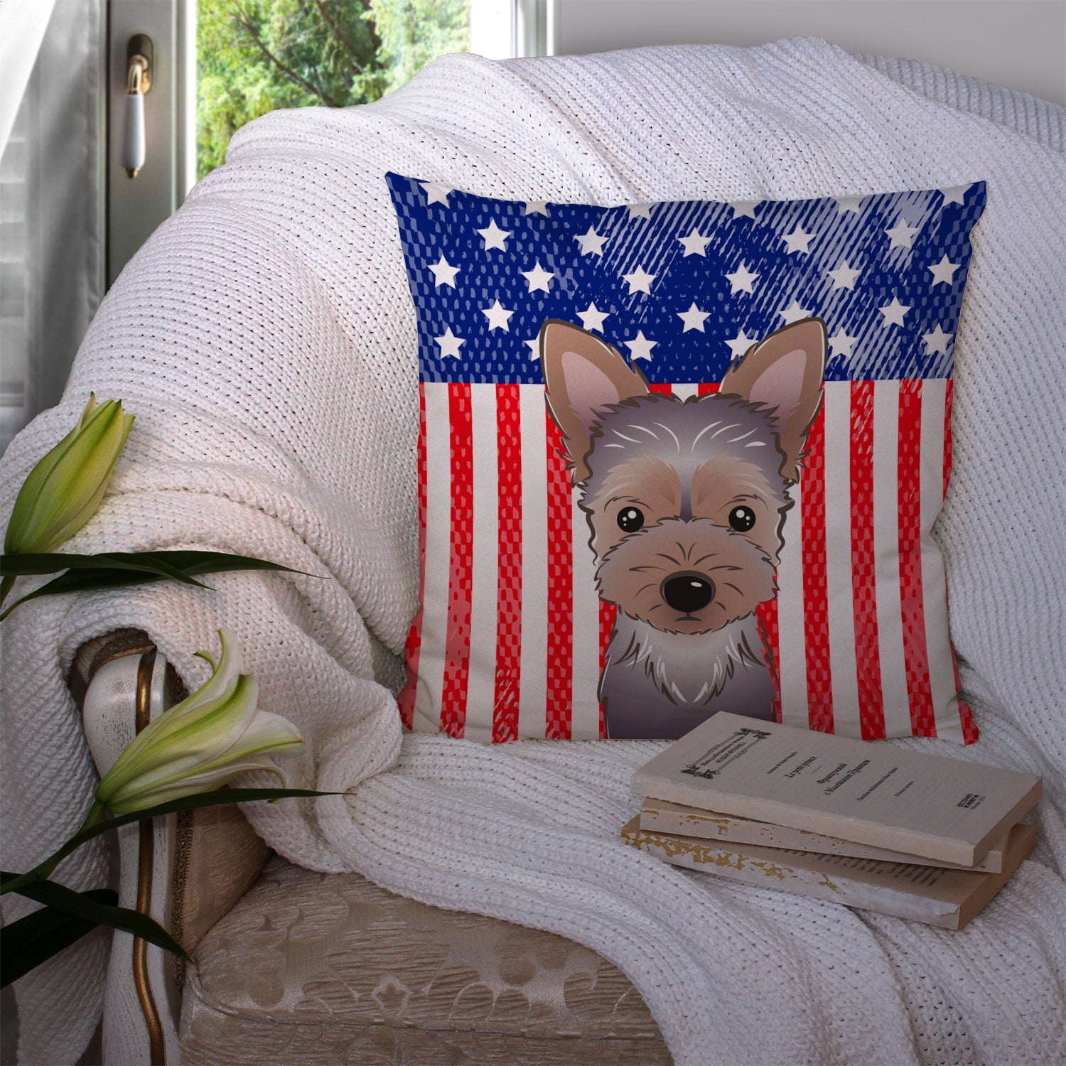 American Flag and Yorkie Puppy Decorative Throw Pillow 14x14 Indoor Outdoor Accent Cushion, Fabric Cover with Insert for Sofa, Bed, Porch & Living Room