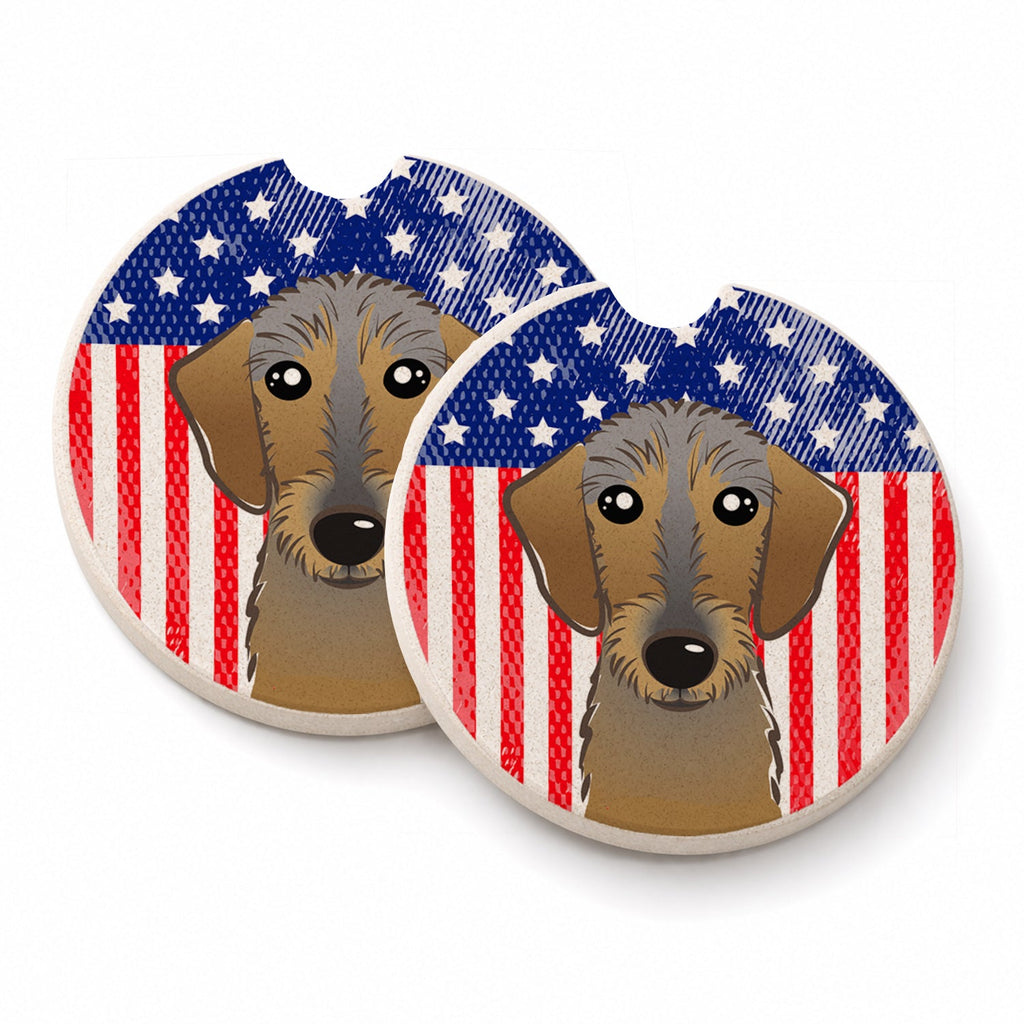 American Flag and Wirehaired Dachshund Set of 2 Cup Holder Car Coasters Absorbent Round Sandstone Coasters Gifts for Men or Women, 2.5, Multicolor