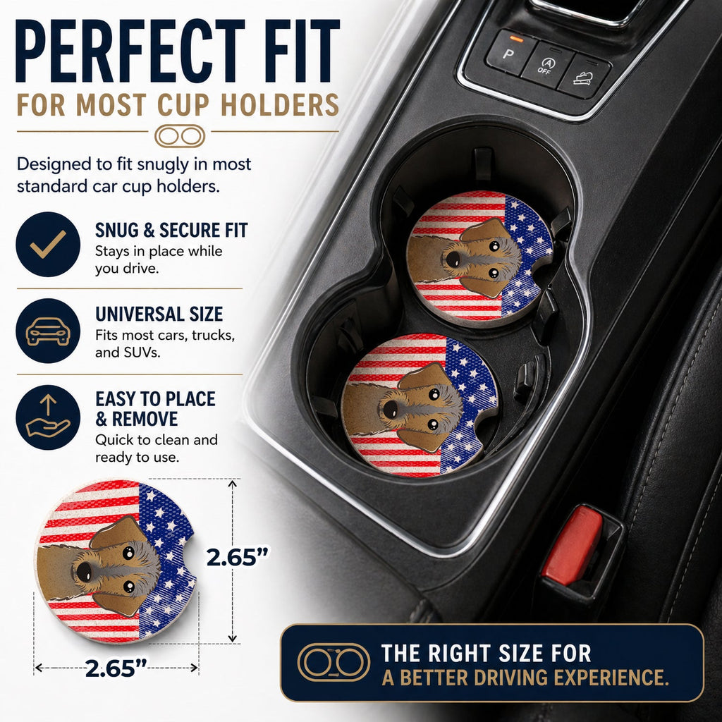 American Flag and Wirehaired Dachshund Set of 2 Cup Holder Car Coasters Absorbent Round Sandstone Coasters Gifts for Men or Women, 2.5, Multicolor