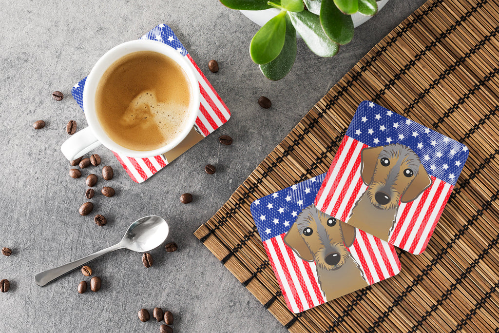 American Flag and Wirehaired Dachshund Foam Coasters Set of 4 Cup Coasters for Indoor Outdoor, Tabletop Protection, Anti Slip, Mouse pad Material