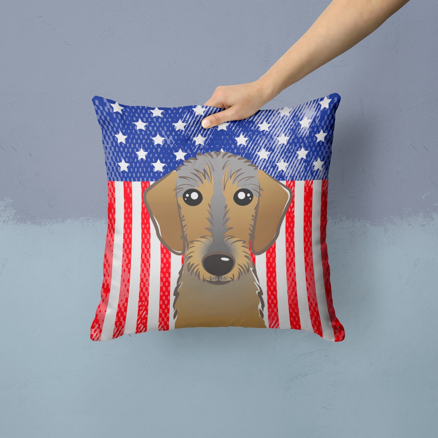 American Flag and Wirehaired Dachshund Decorative Throw Pillow 14x14 Indoor Outdoor Accent Cushion, Fabric Cover with Insert for Sofa, Bed, Porch & Living Room