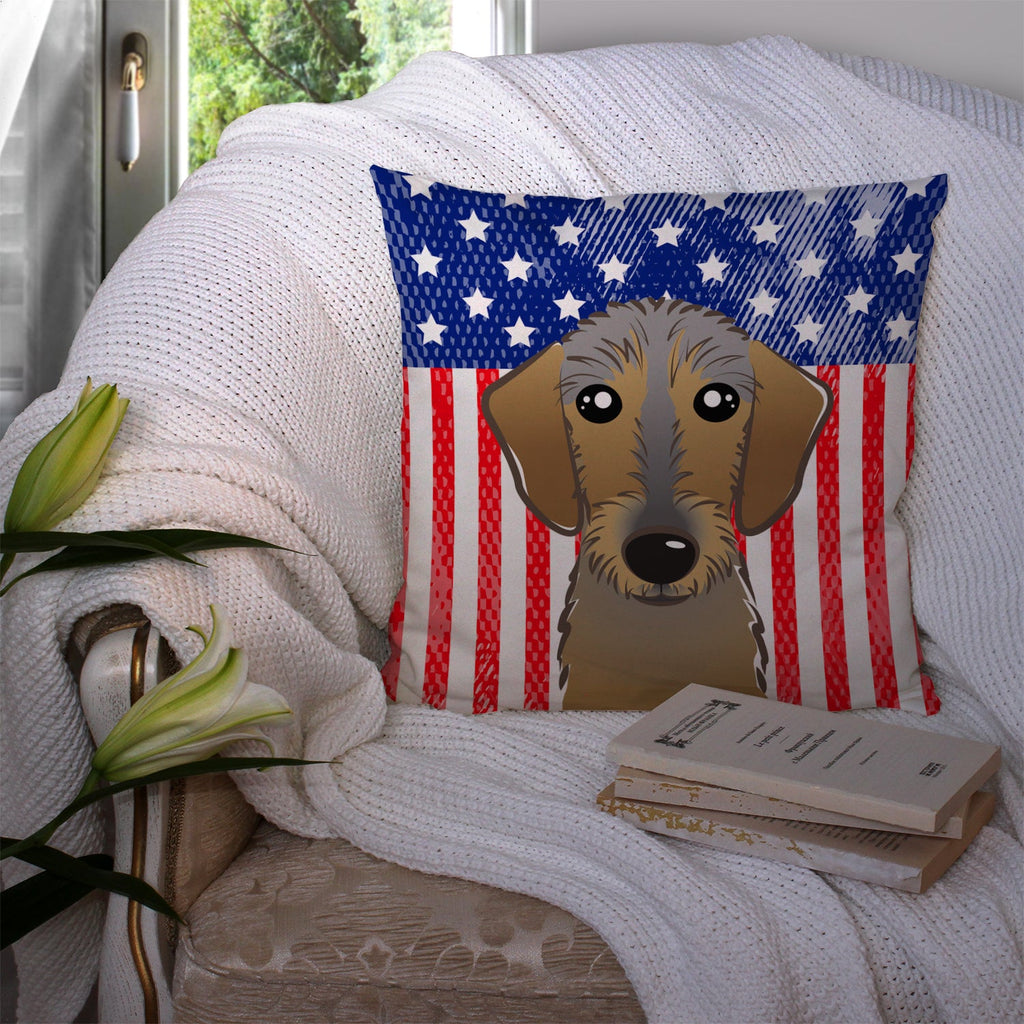 American Flag and Wirehaired Dachshund Decorative Throw Pillow 14x14 Indoor Outdoor Accent Cushion, Fabric Cover with Insert for Sofa, Bed, Porch & Living Room