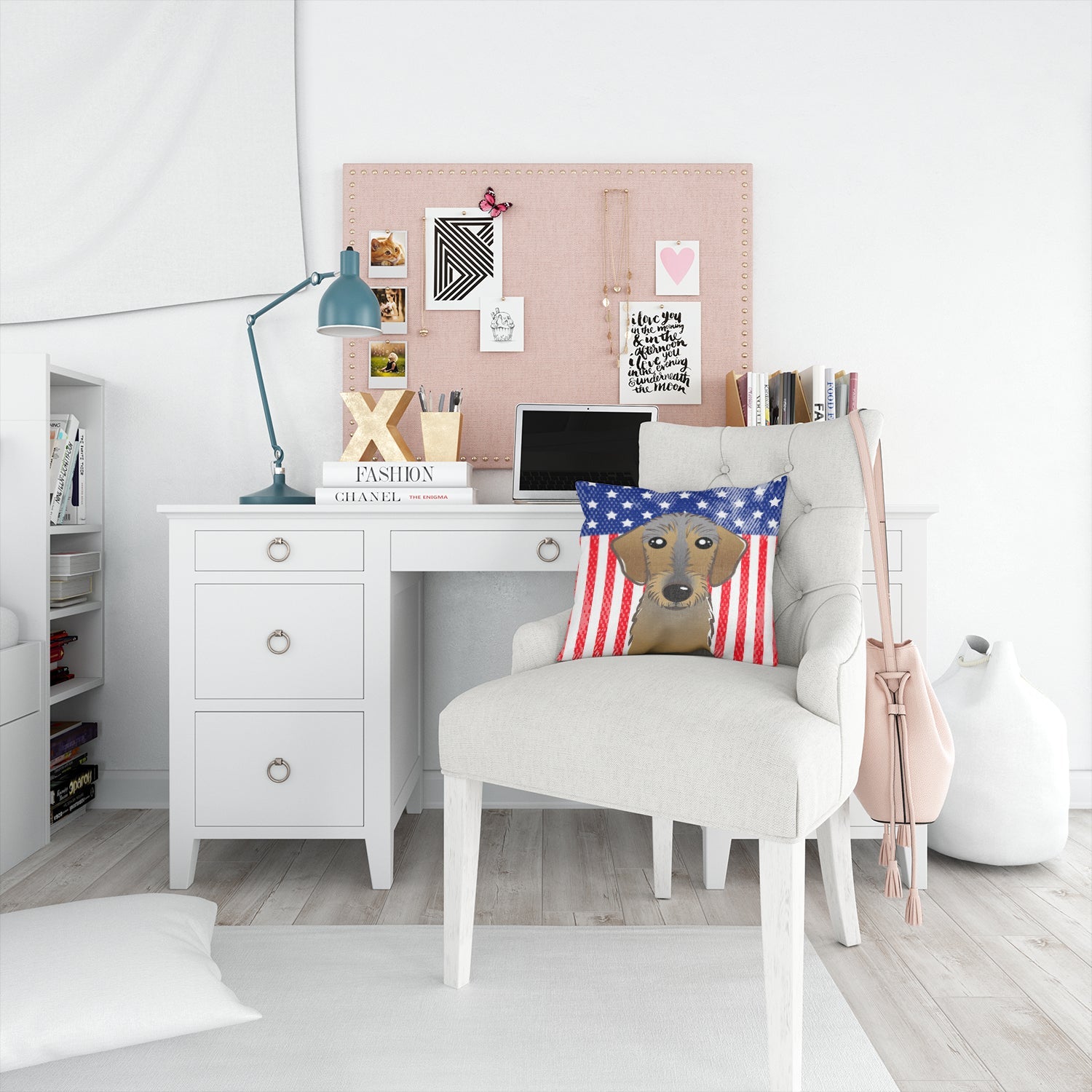 American Flag and Wirehaired Dachshund Decorative Throw Pillow 14x14 Indoor Outdoor Accent Cushion, Fabric Cover with Insert for Sofa, Bed, Porch & Living Room