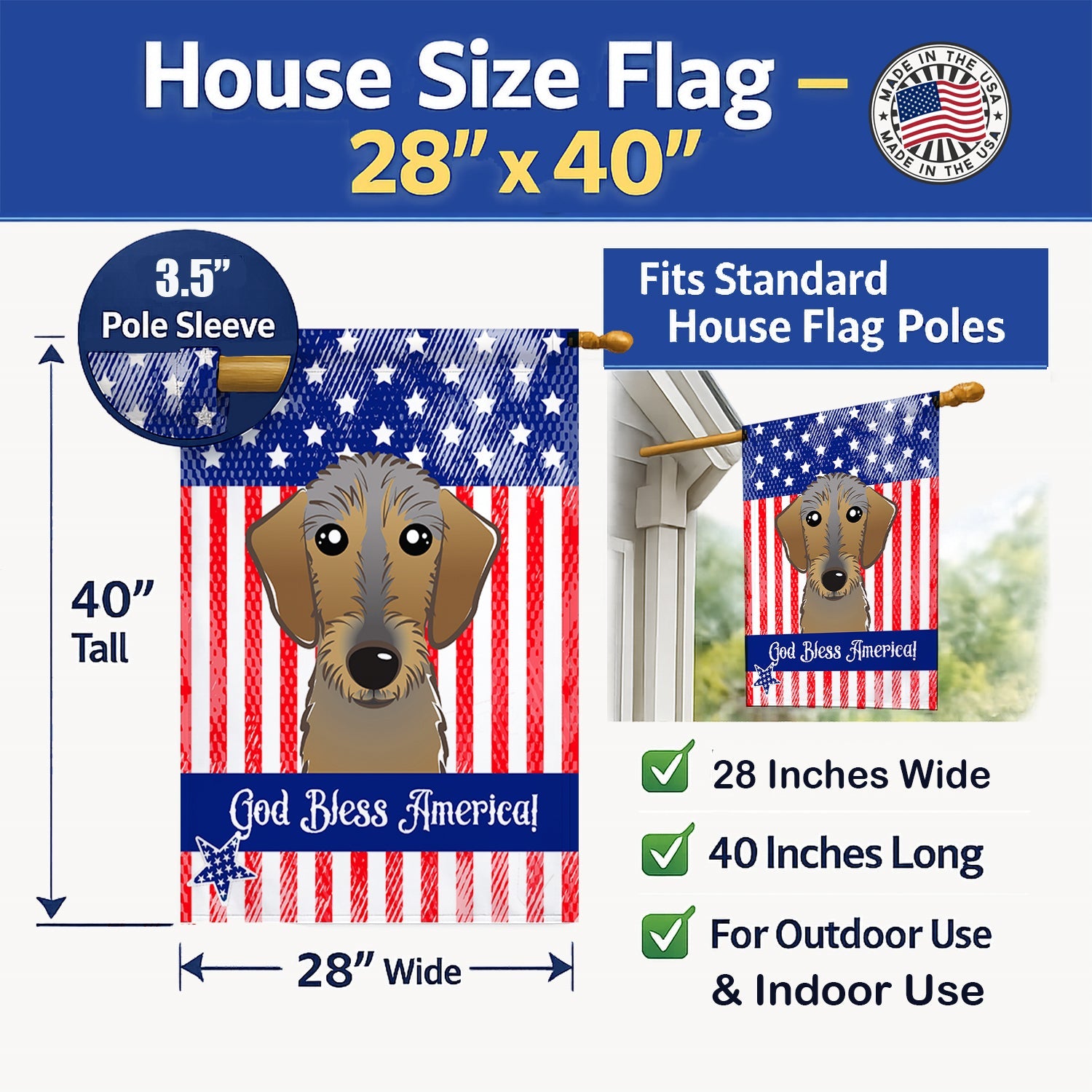 American Flag and Chocolate Labrador House Flag 28x40 Porch Sleeve Pole Decorative Outside Yard Banner Artwork Wall Hanging, Polyester