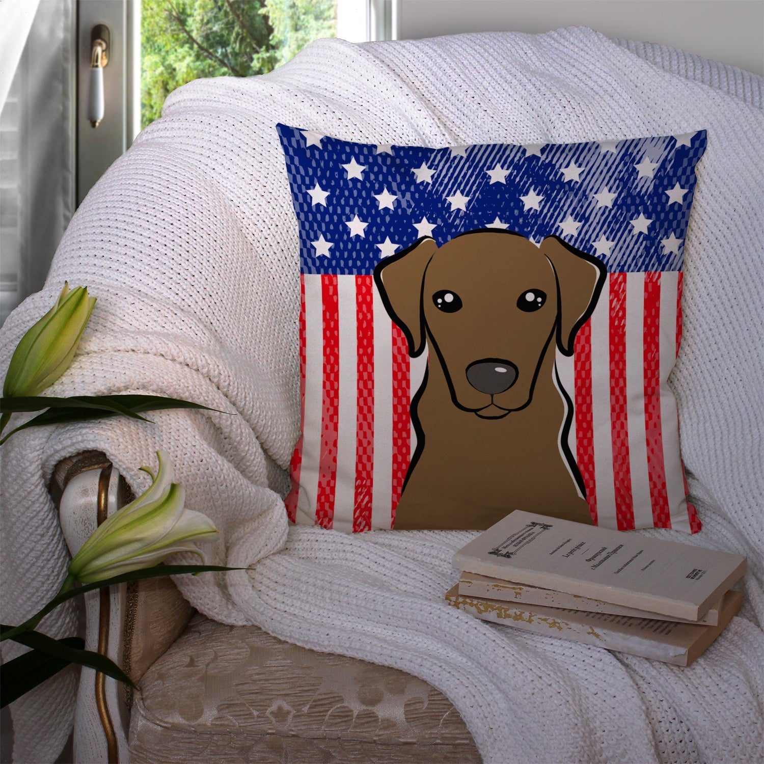 American Flag and Chocolate Labrador Decorative Throw Pillow 14x14 Indoor Outdoor Accent Cushion, Fabric Cover with Insert for Sofa, Bed, Porch & Living Room