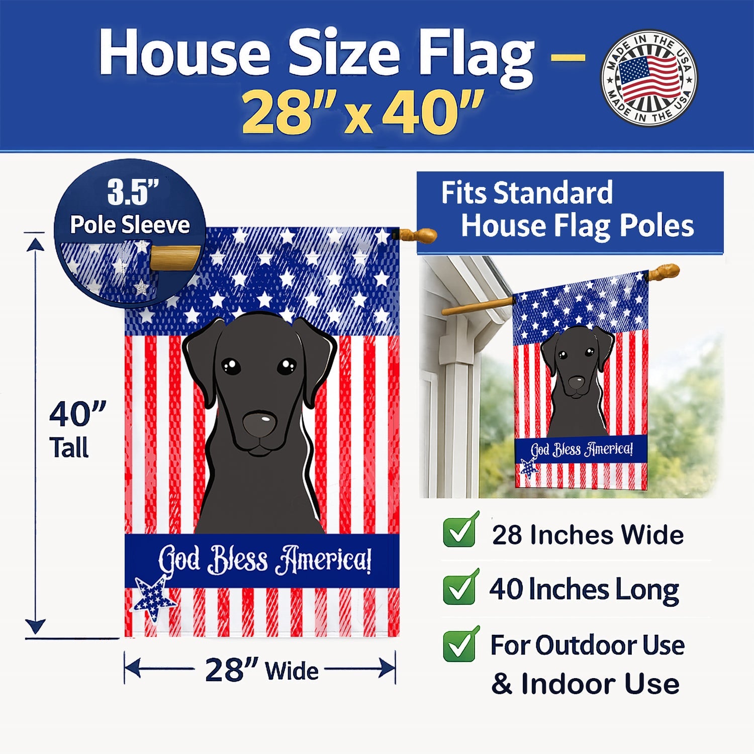 American Flag and Black Labrador House Flag 28x40 Porch Sleeve Pole Decorative Outside Yard Banner Artwork Wall Hanging, Polyester