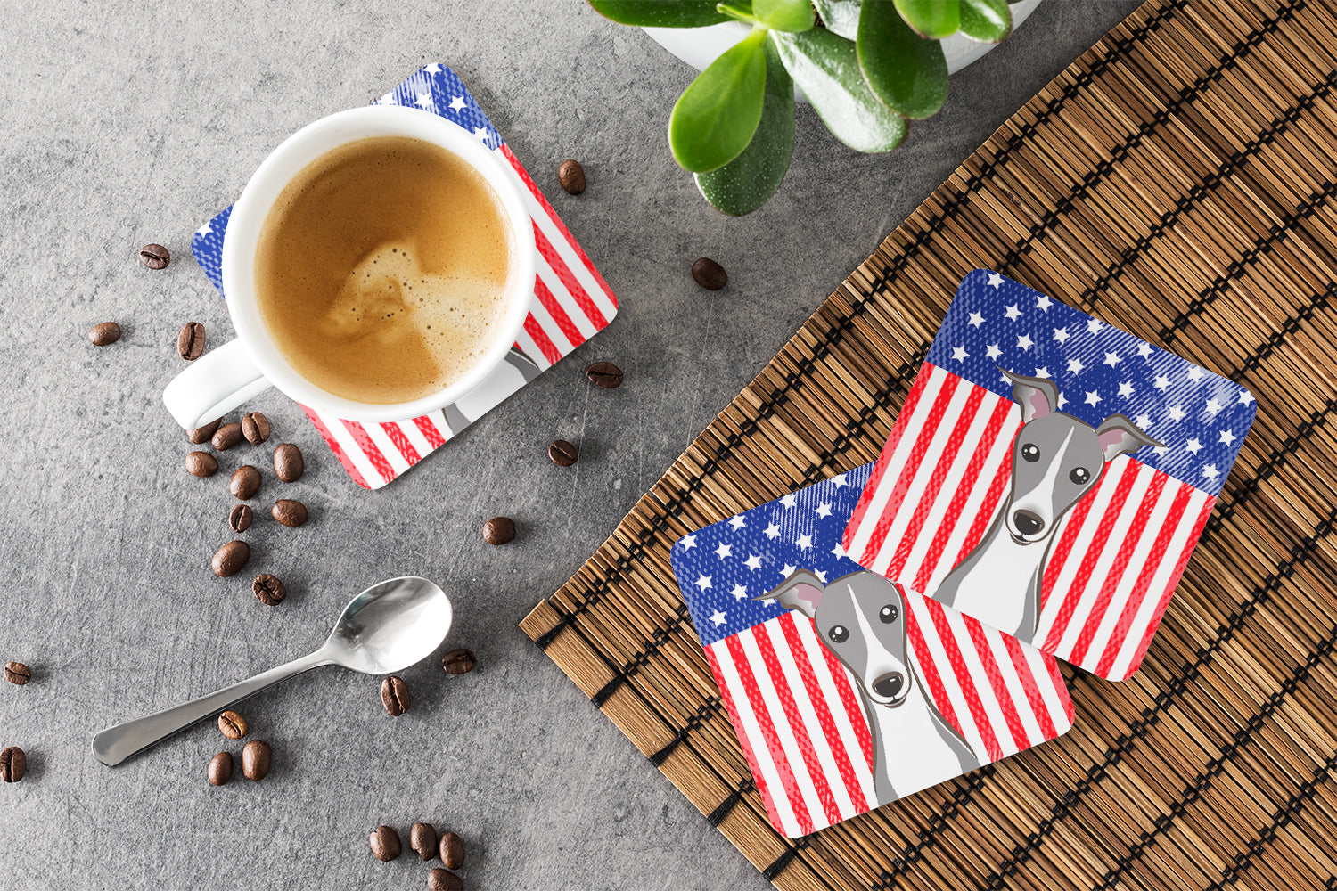 American Flag and Italian Greyhound Foam Coasters Set of 4 Cup Coasters for Indoor Outdoor, Tabletop Protection, Anti Slip, Mouse pad Material