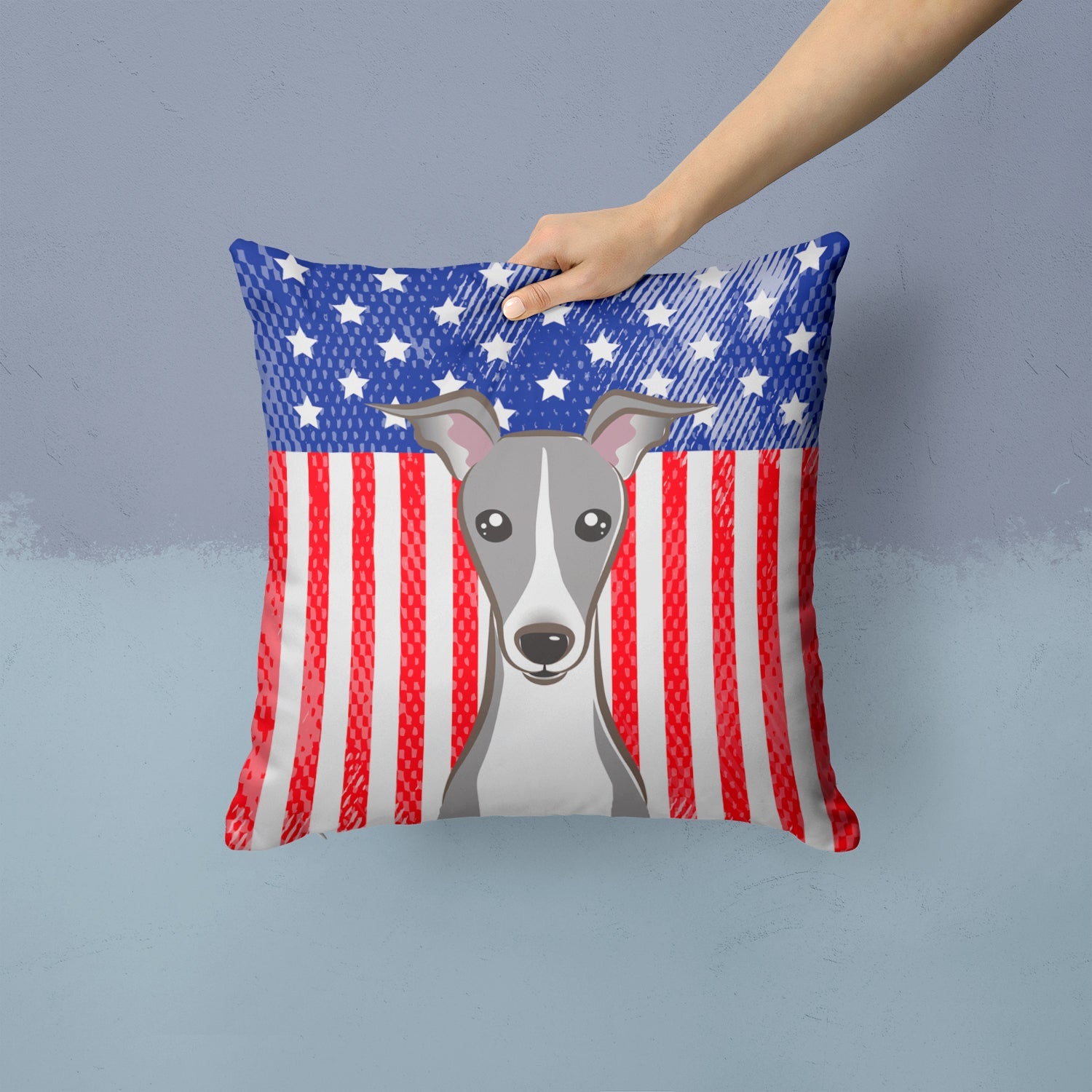 American Flag and Italian Greyhound Decorative Throw Pillow 14x14 Indoor Outdoor Accent Cushion, Fabric Cover with Insert for Sofa, Bed, Porch & Living Room