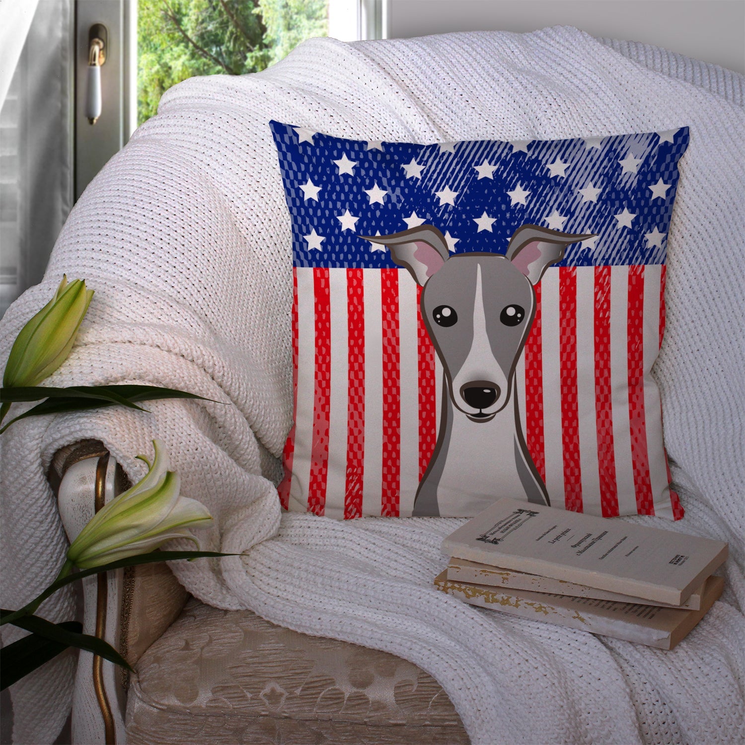 American Flag and Italian Greyhound Decorative Throw Pillow 14x14 Indoor Outdoor Accent Cushion, Fabric Cover with Insert for Sofa, Bed, Porch & Living Room