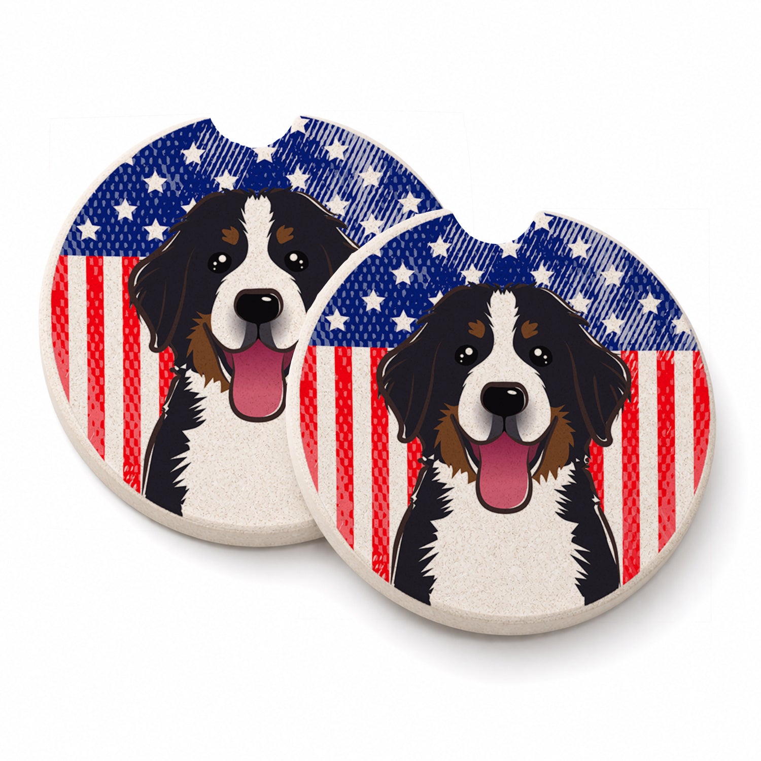 American Flag and Bernese Mountain Dog Set of 2 Cup Holder Car Coasters Absorbent Round Sandstone Coasters Gifts for Men or Women, 2.5, Multicolor
