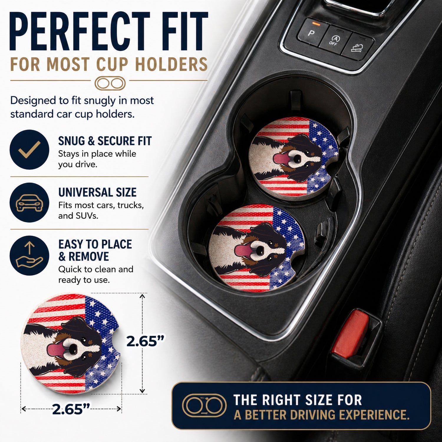 American Flag and Bernese Mountain Dog Set of 2 Cup Holder Car Coasters Absorbent Round Sandstone Coasters Gifts for Men or Women, 2.5, Multicolor
