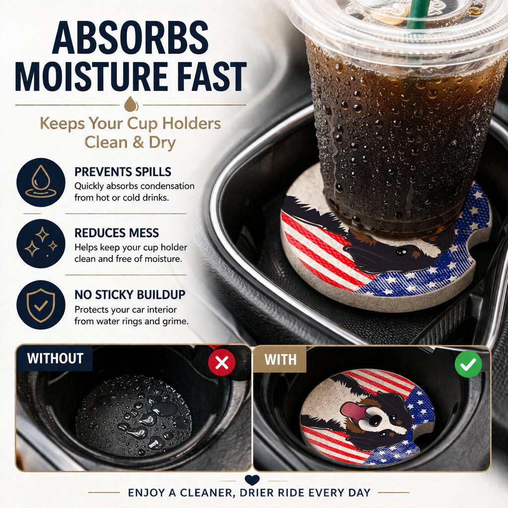 American Flag and Bernese Mountain Dog Set of 2 Cup Holder Car Coasters Absorbent Round Sandstone Coasters Gifts for Men or Women, 2.5, Multicolor