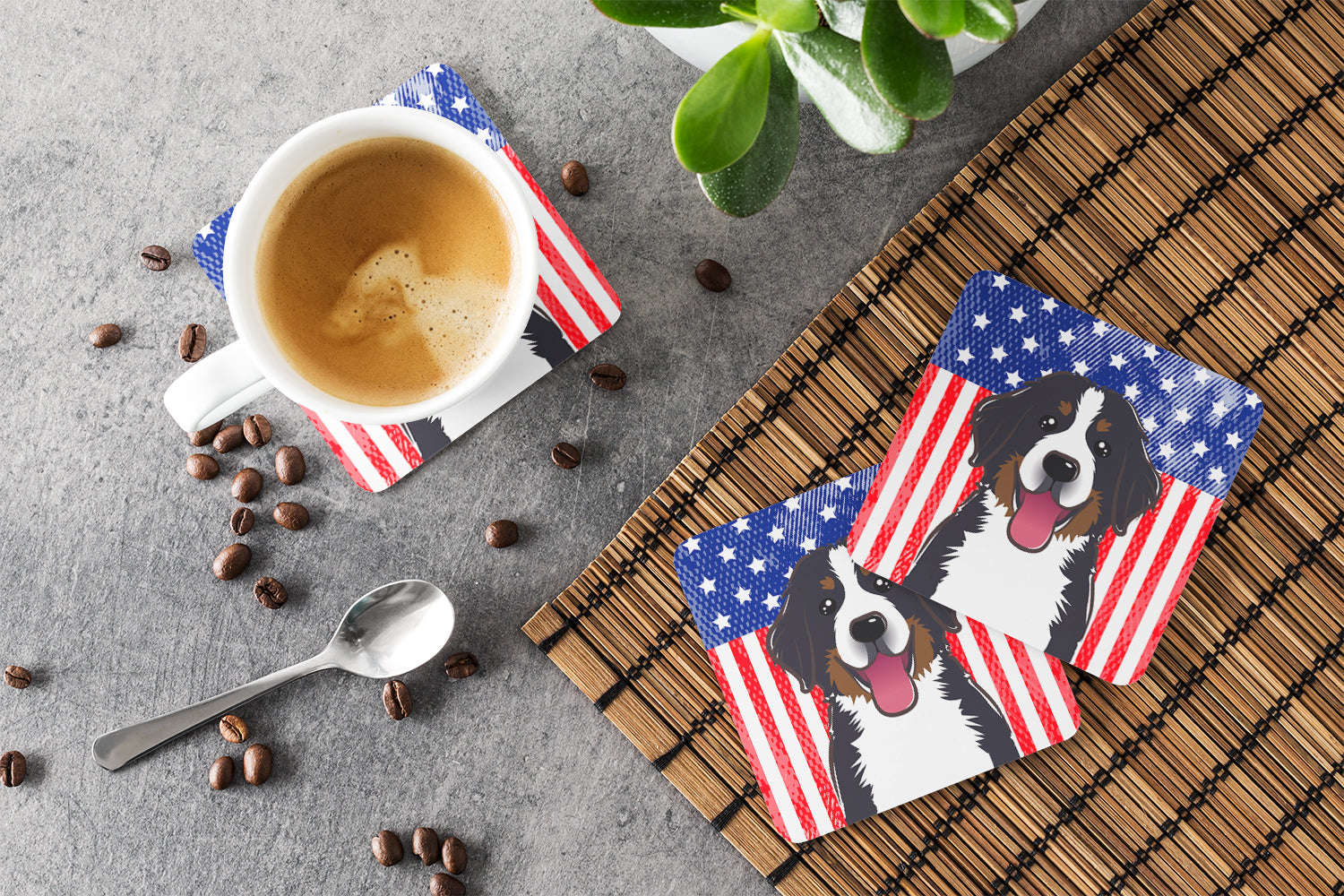 American Flag and Bernese Mountain Dog Foam Coasters Set of 4 Cup Coasters for Indoor Outdoor, Tabletop Protection, Anti Slip, Mouse pad Material