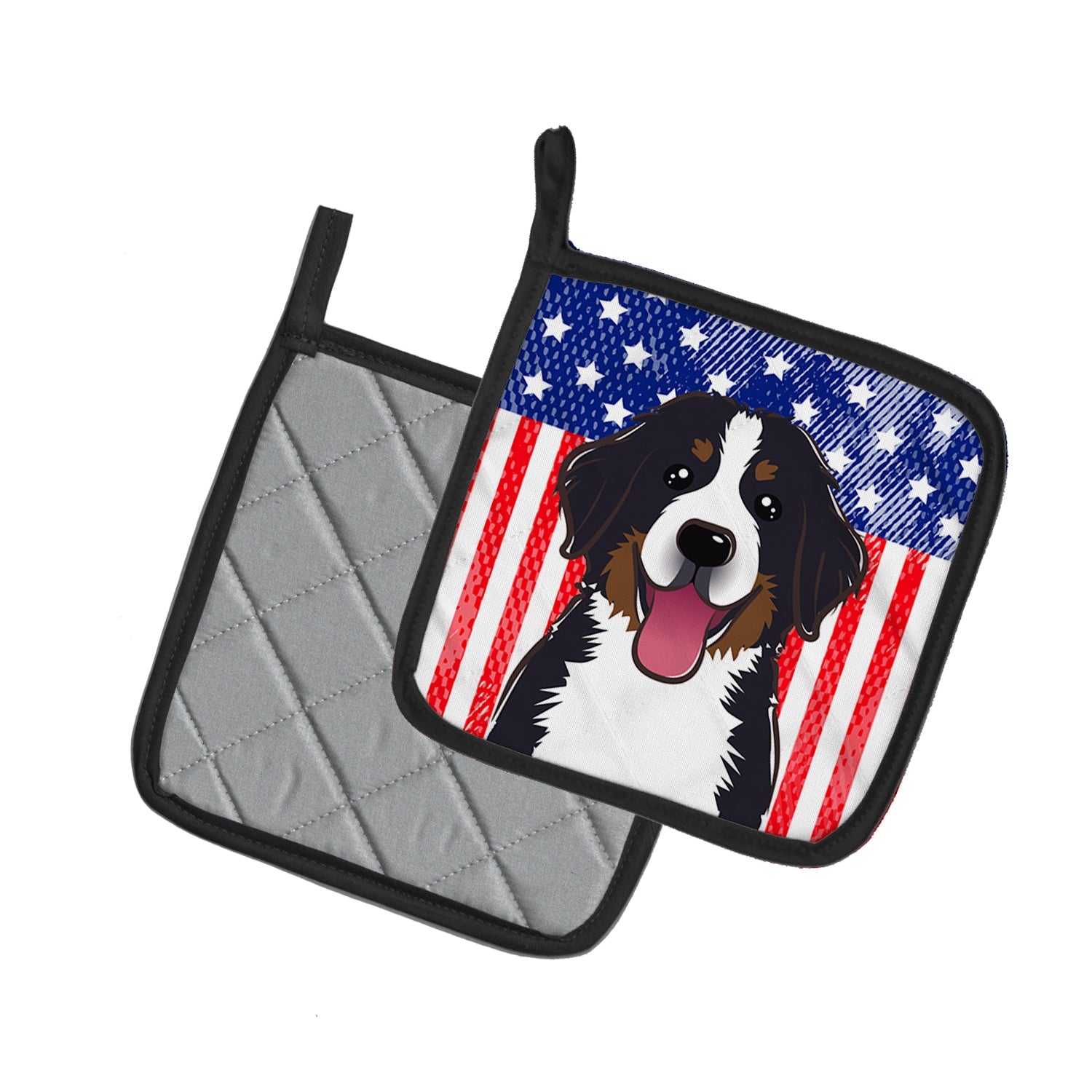 American Flag and Bernese Mountain Dog Pot Holder Set of 2 Heat Resistant Quilted Hot Pads 7.5 x 7.5 Inch, Insulated Kitchen Trivets for Cooking & Baking