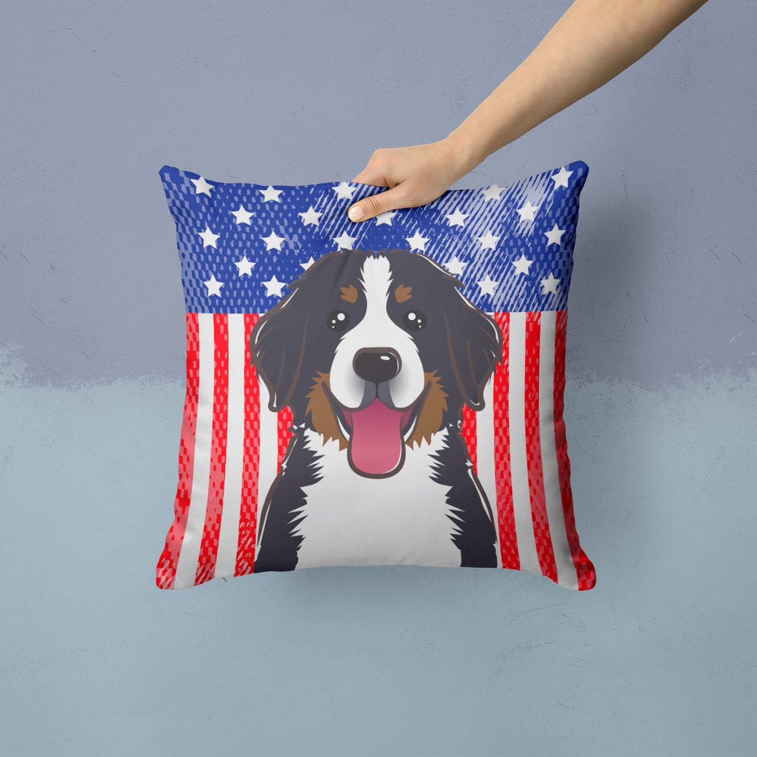 American Flag and Bernese Mountain Dog Decorative Throw Pillow 14x14 Indoor Outdoor Accent Cushion, Fabric Cover with Insert for Sofa, Bed, Porch & Living Room
