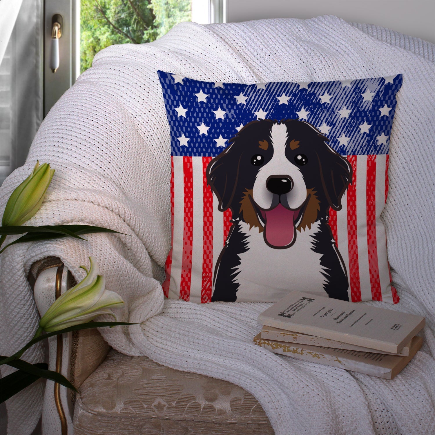 American Flag and Bernese Mountain Dog Decorative Throw Pillow 14x14 Indoor Outdoor Accent Cushion, Fabric Cover with Insert for Sofa, Bed, Porch & Living Room