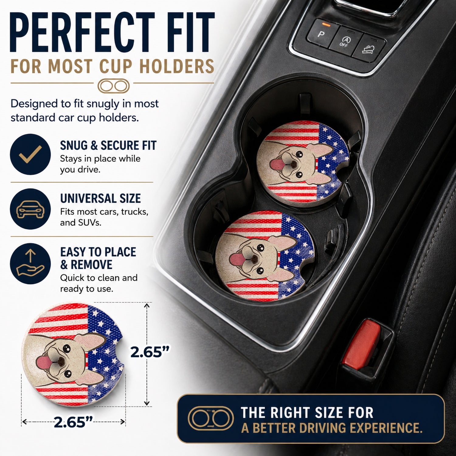 American Flag and French Bulldog Set of 2 Cup Holder Car Coasters Absorbent Round Sandstone Coasters Gifts for Men or Women, 2.5, Multicolor